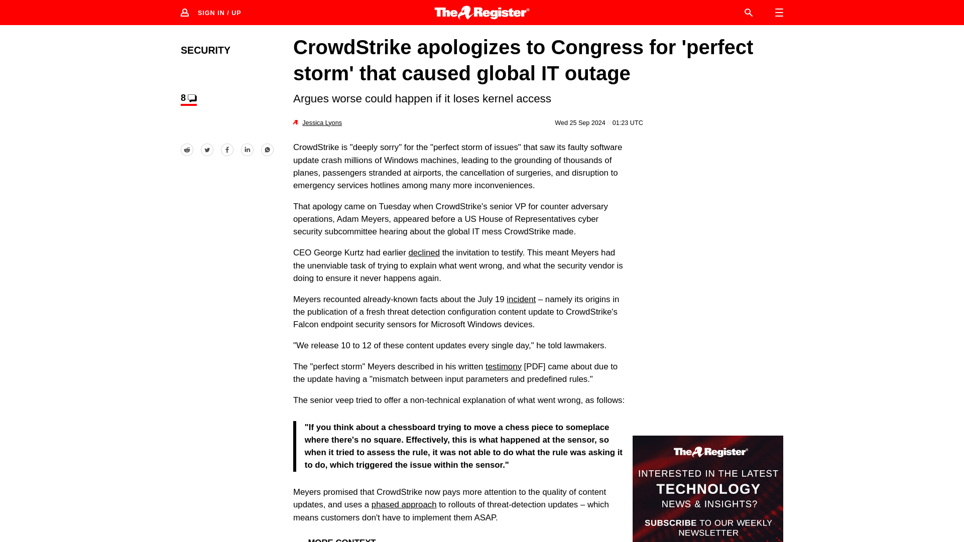 CrowdStrike to Congress: 'Perfect storm' led to IT outage • The Register