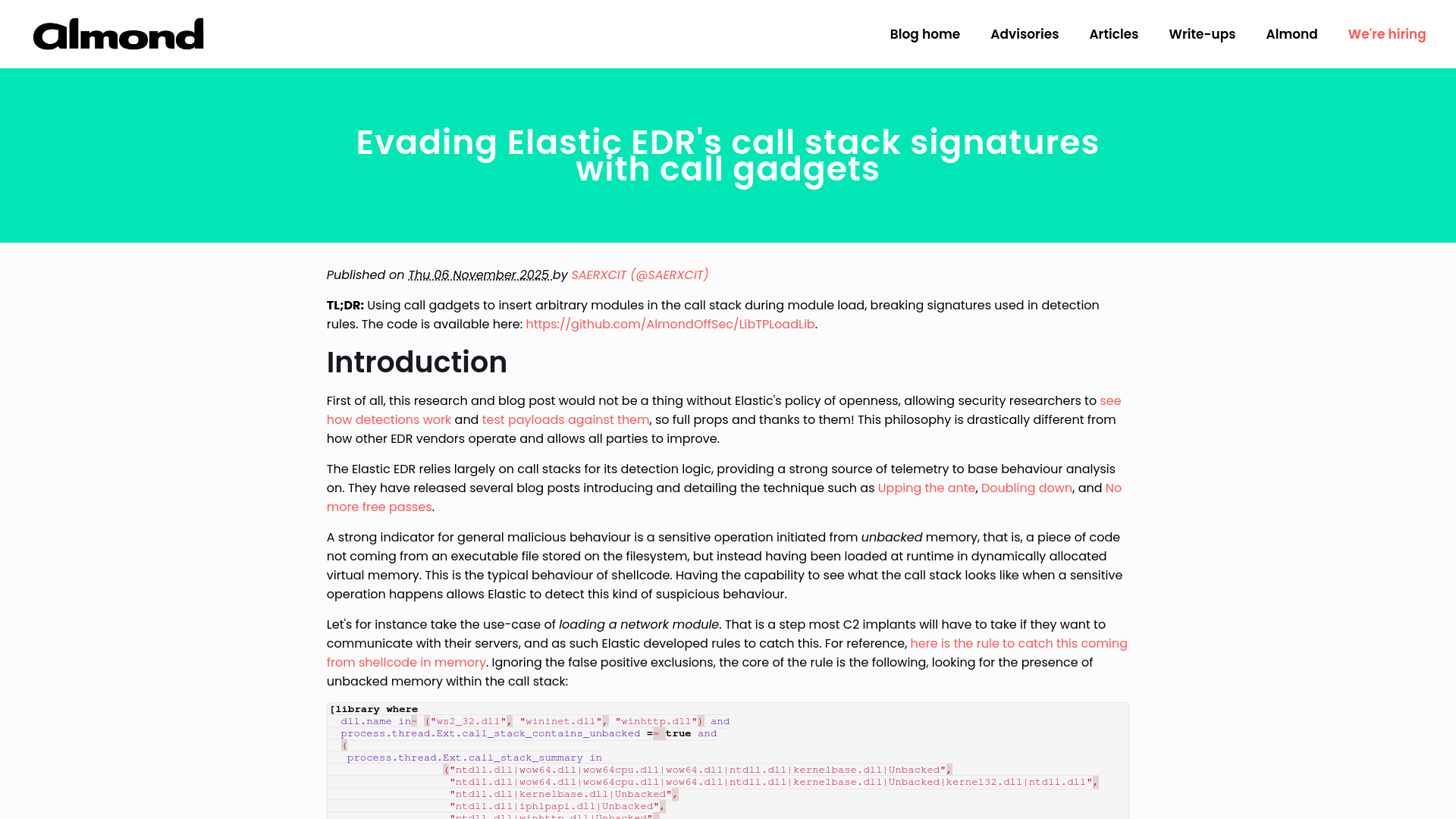 Evading Elastic EDR's call stack signatures with call gadgets - Almond Offensive Security Blog