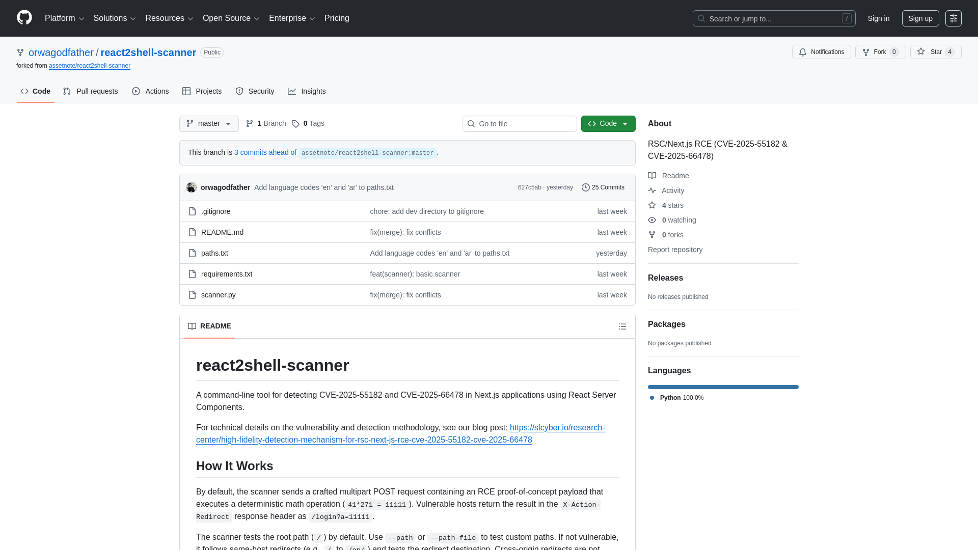 GitHub - orwagodfather/react2shell-scanner: RSC/Next.js RCE (CVE-2025-55182 & CVE-2025-66478)