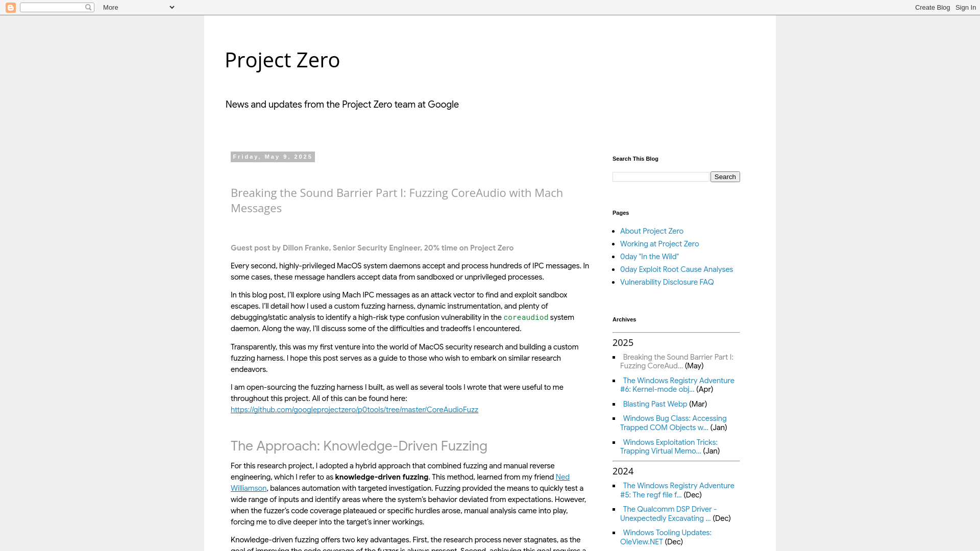 Project Zero: Breaking the Sound Barrier Part I: Fuzzing CoreAudio with Mach Messages