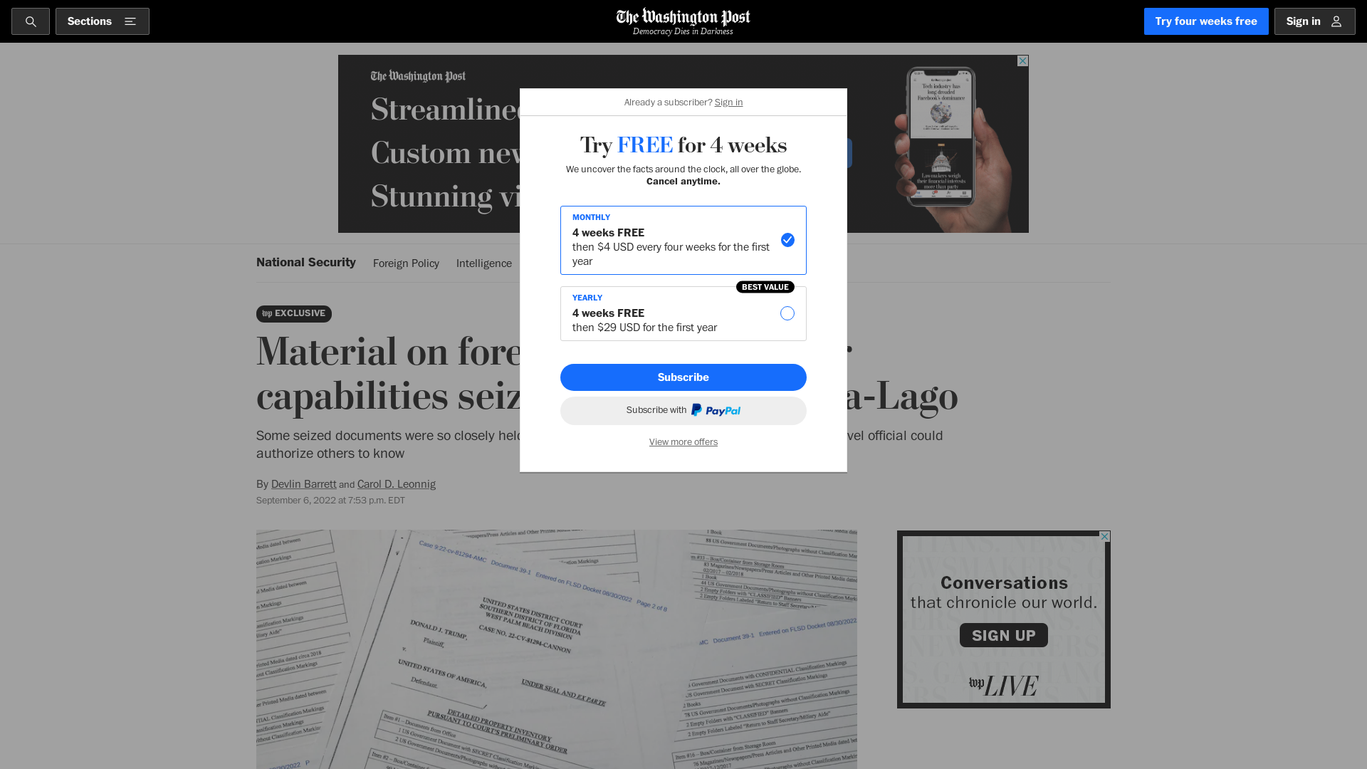 Material on foreign nation’s nuclear capabilities seized at Trump’s Mar-a-Lago - The Washington Post