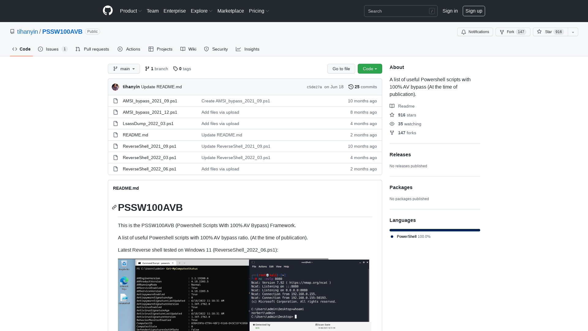 GitHub - tihanyin/PSSW100AVB: A list of useful Powershell scripts with 100% AV bypass (At the time of publication).