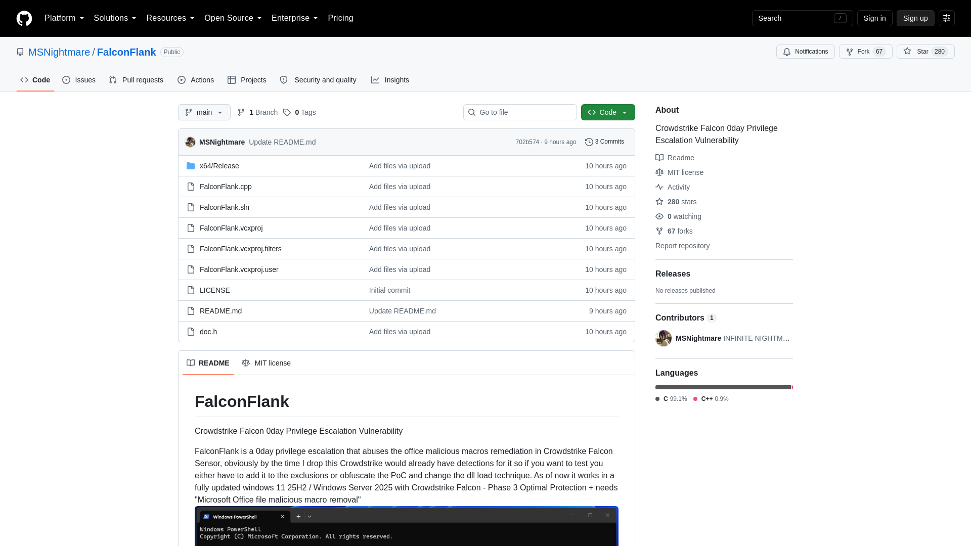 GitHub - MSNightmare/FalconFlank: Crowdstrike Falcon 0day Privilege Escalation Vulnerability · GitHub