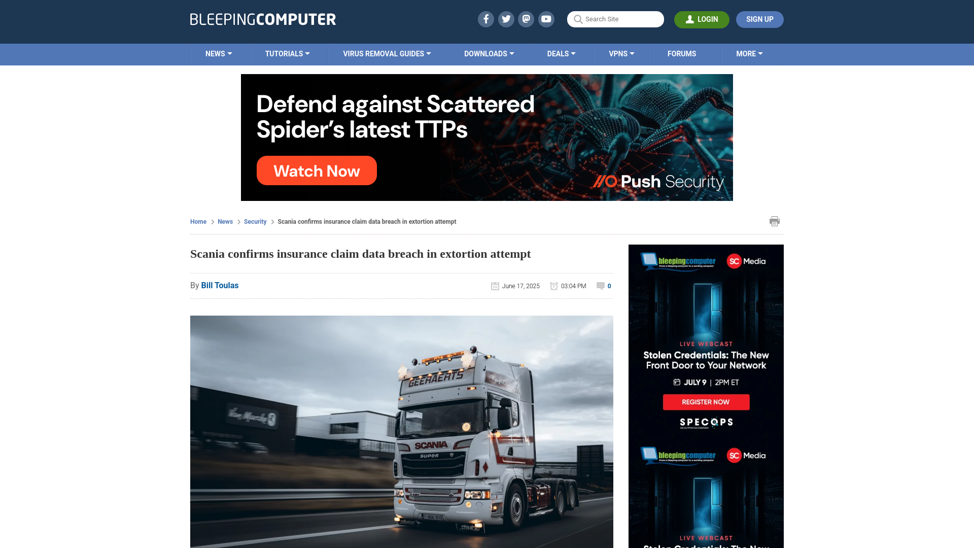 Scania confirms insurance claim data breach in extortion attempt