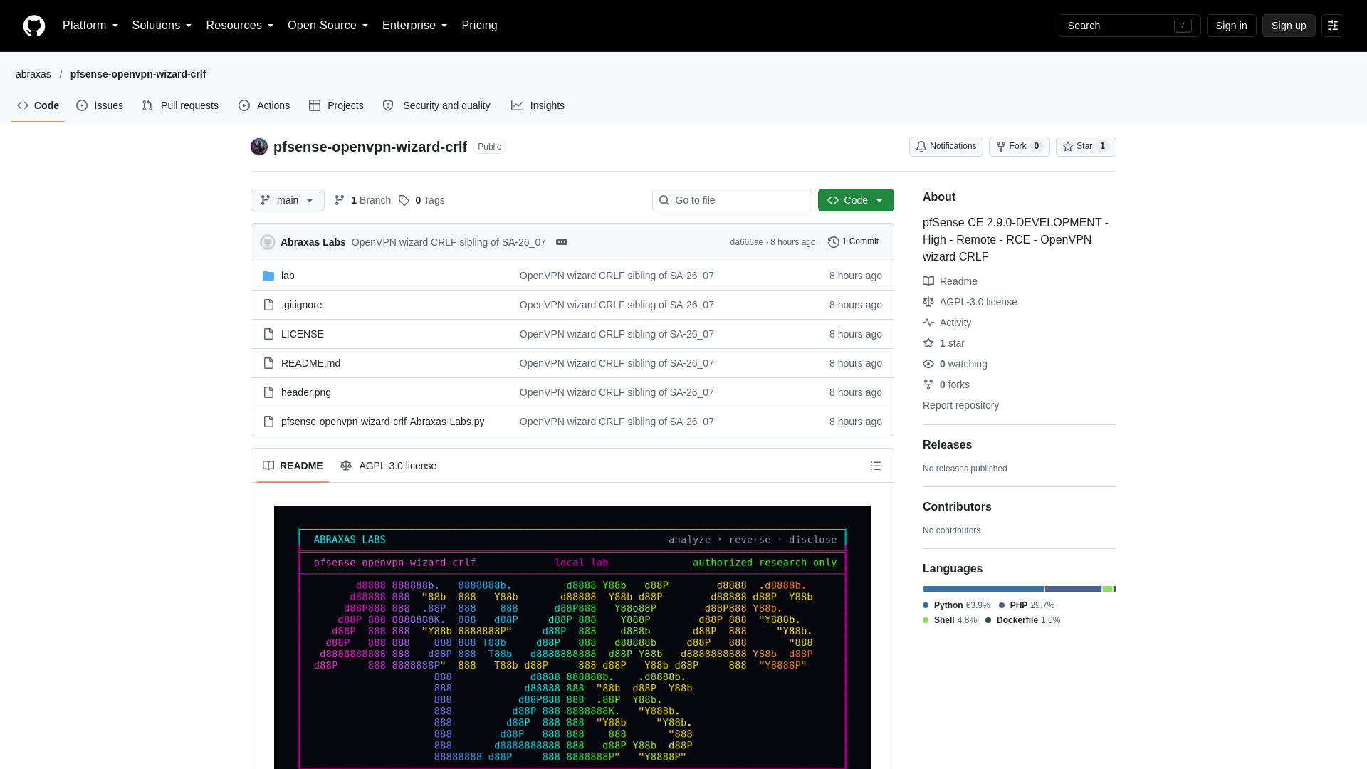 GitHub - abraxas/pfsense-openvpn-wizard-crlf: pfSense CE 2.9.0-DEVELOPMENT - High - Remote - RCE - OpenVPN wizard CRLF · GitHub