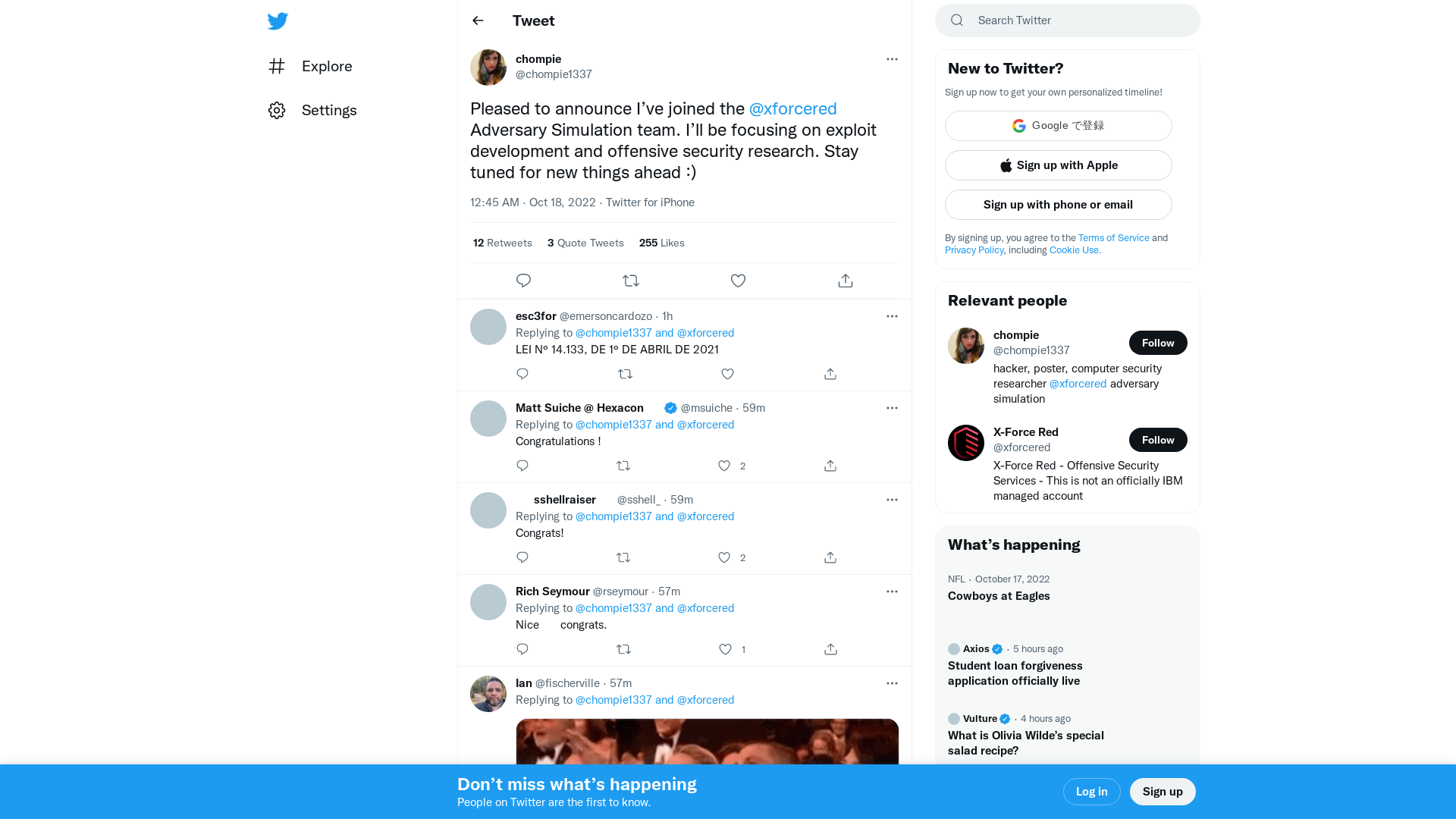 chompie on Twitter: "Pleased to announce I’ve joined the @xforcered Adversary Simulation team. I’ll be focusing on exploit development and offensive security research. Stay tuned for new things ahead :)" / Twitter