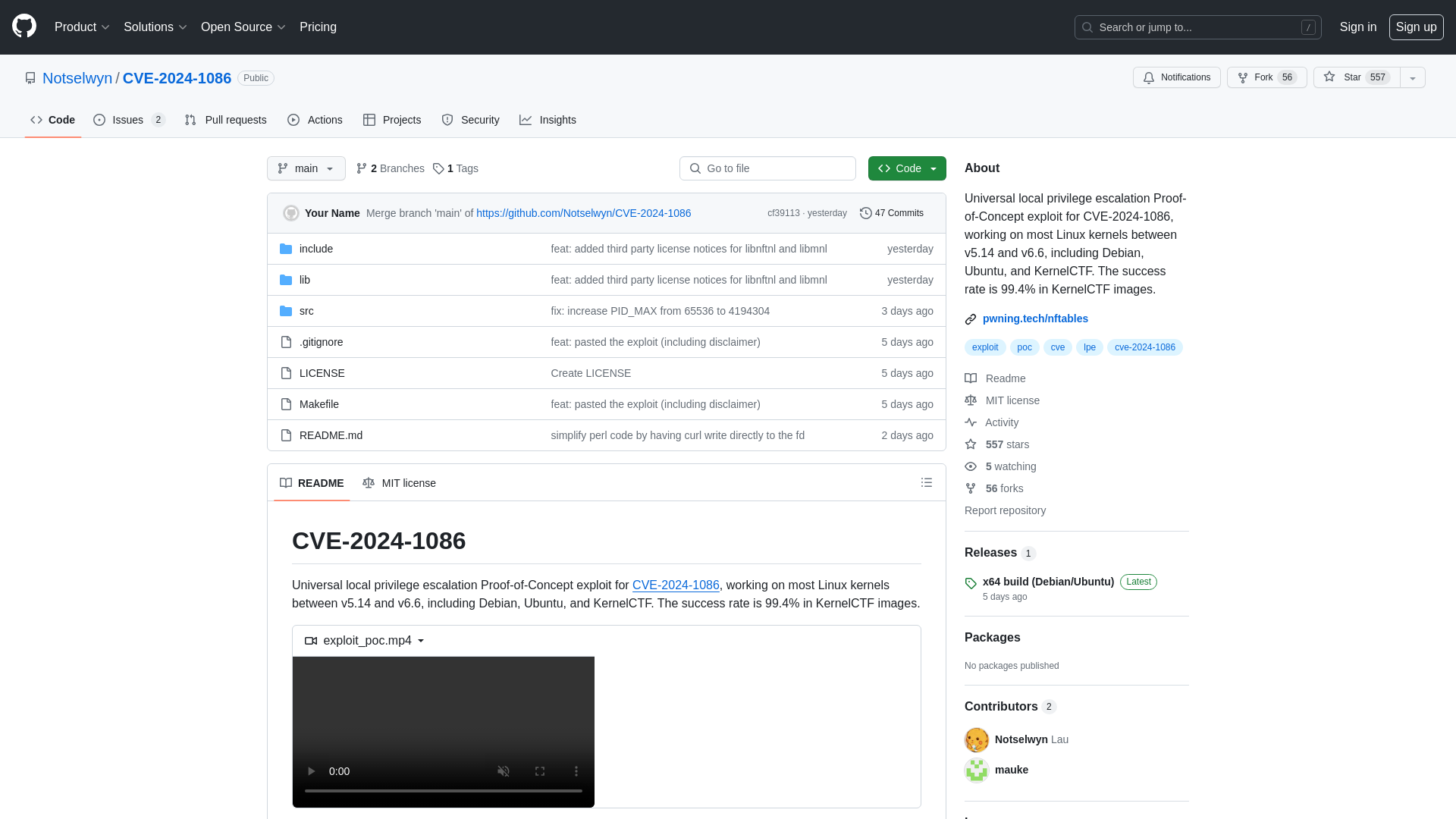 GitHub - Notselwyn/CVE-2024-1086: Universal local privilege escalation Proof-of-Concept exploit for CVE-2024-1086, working on most Linux kernels between v5.14 and v6.6, including Debian, Ubuntu, and KernelCTF. The success rate is 99.4% in KernelCTF images.
