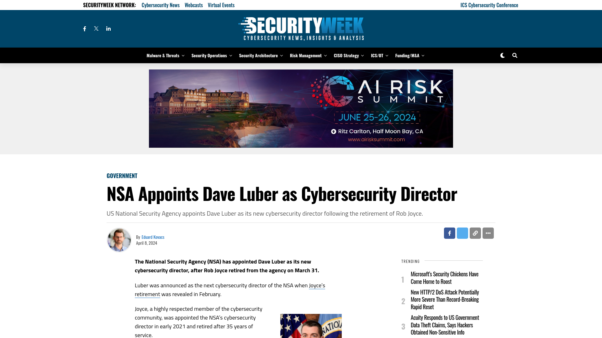 NSA Appoints Dave Luber as Cybersecurity Director  - SecurityWeek