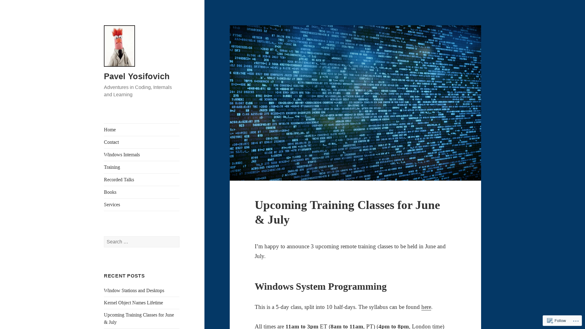 Upcoming Training Classes for June & July – Pavel Yosifovich