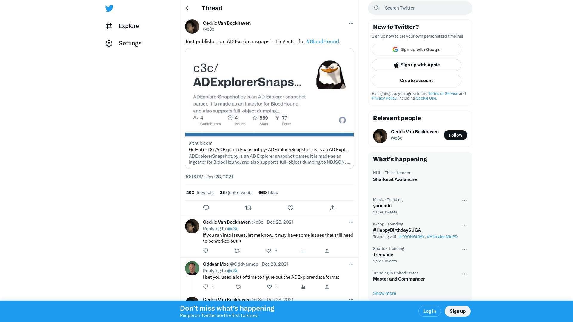Cedric Van Bockhaven on Twitter: "Just published an AD Explorer snapshot ingestor for #BloodHound: https://t.co/DSfn7n2Lah" / Twitter