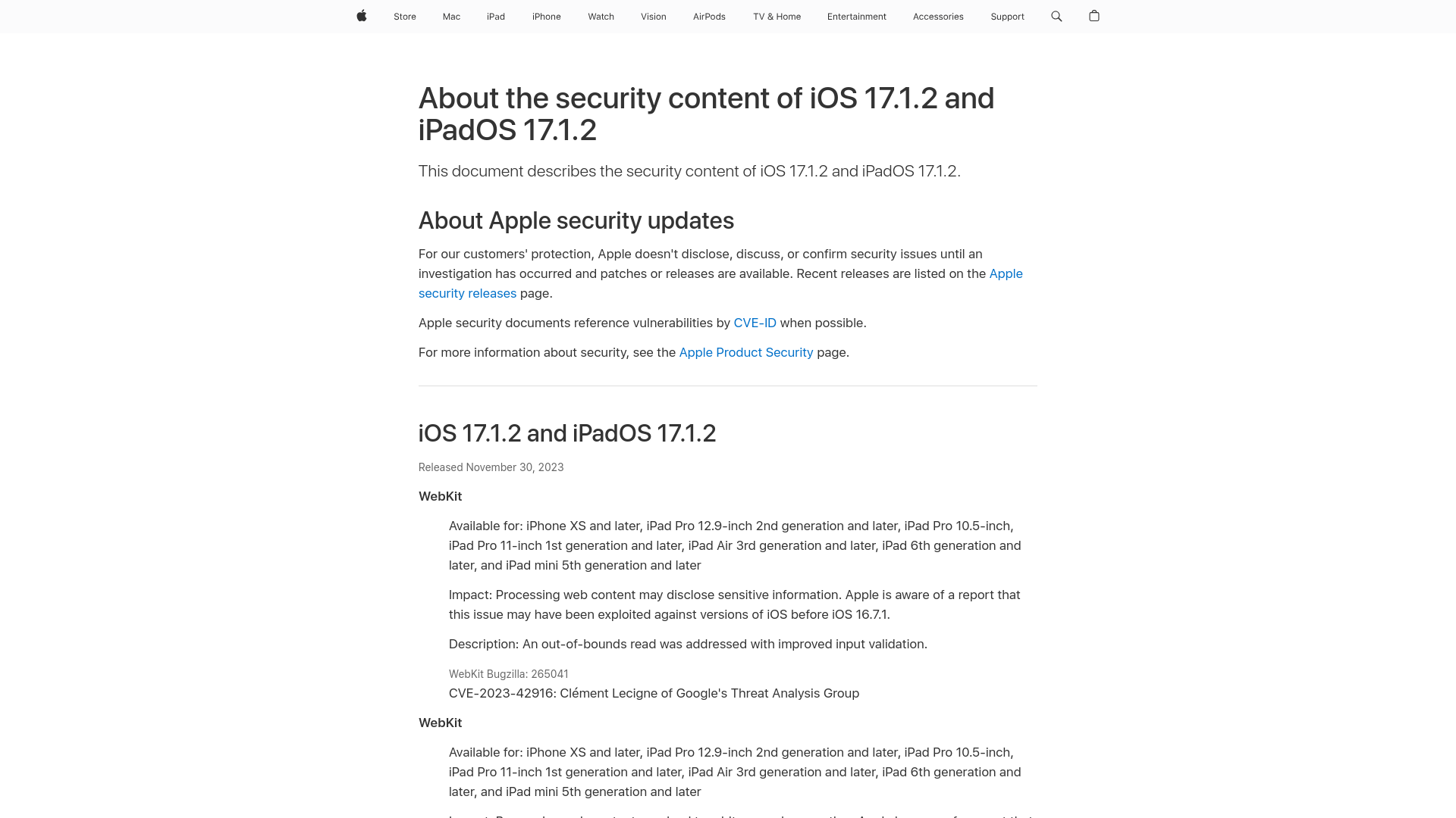 About the security content of iOS 17.1.2 and iPadOS 17.1.2 - Apple Support