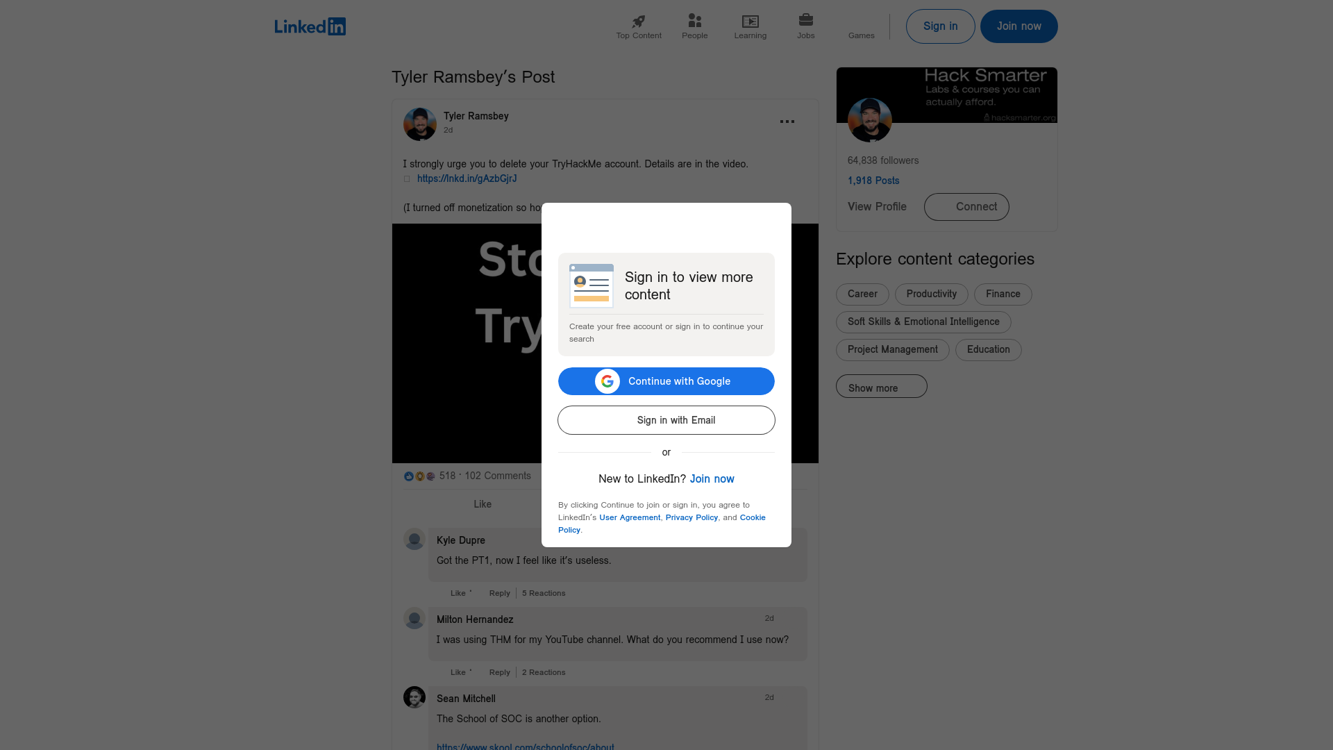 I strongly urge you to delete your TryHackMe account. Details are in the video. 👉 https://lnkd.in/gAzbGjrJ (I turned off monetization so hopefully you don't get ads). | Tyler Ramsbey | 102 comments