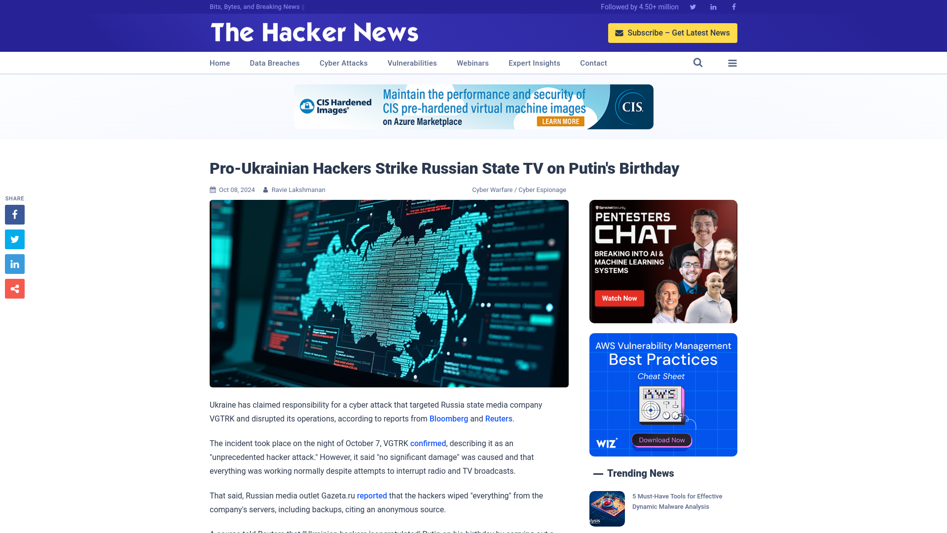 Pro-Ukrainian Hackers Strike Russian State TV on Putin's Birthday