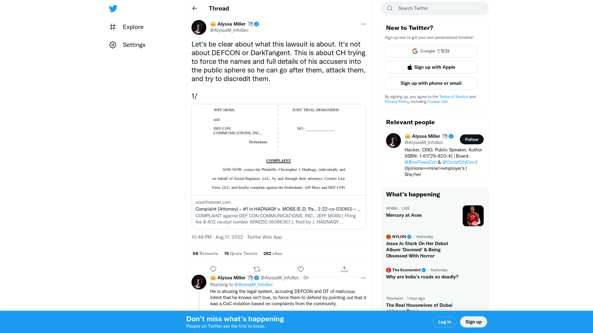 👑 Alyssa Miller 🦄 on Twitter: "Let's be clear about what this lawsuit is about. It's not about DEFCON or DarkTangent. This is about CH trying to force the names and full details of his accusers into the public sphere so he can go after them, attack them, and try to discredit them. 1/ https://t.co/dwozr5Nw6A" / Twitter