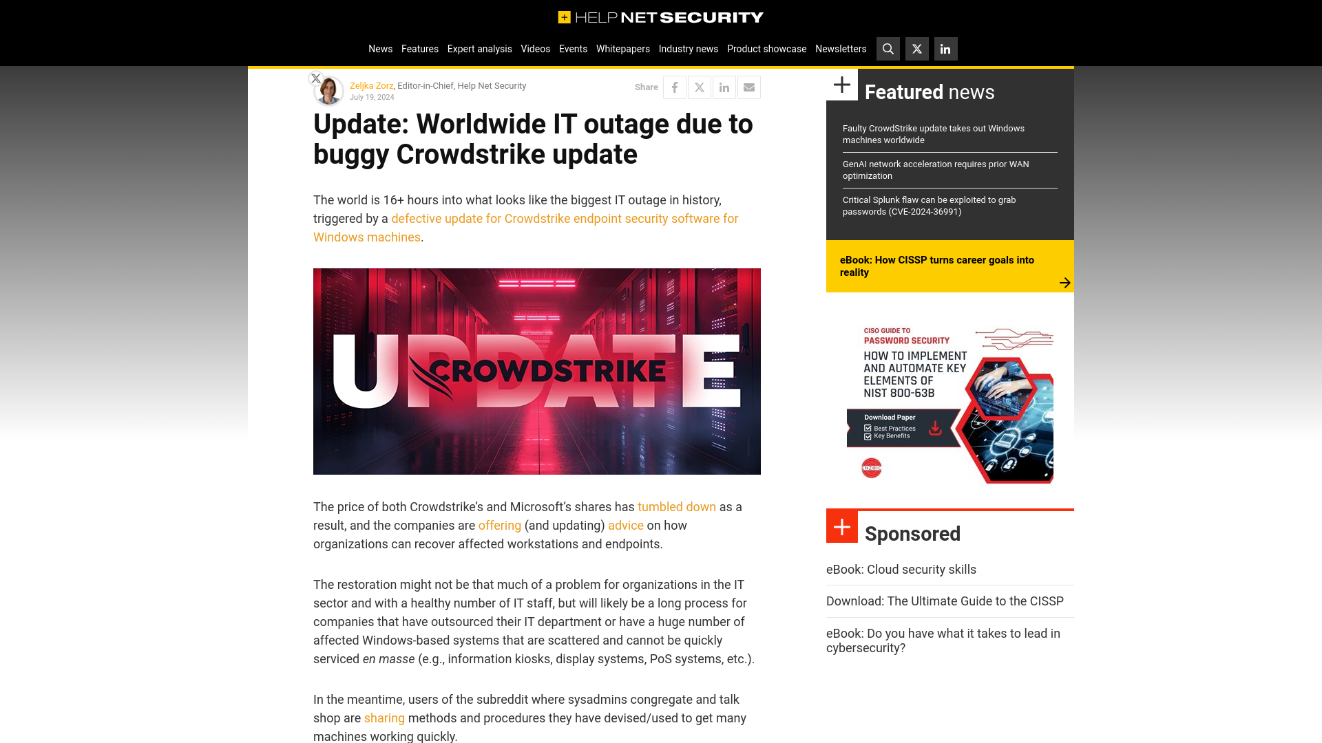 Update: Worldwide IT outage due to buggy Crowdstrike update - Help Net Security