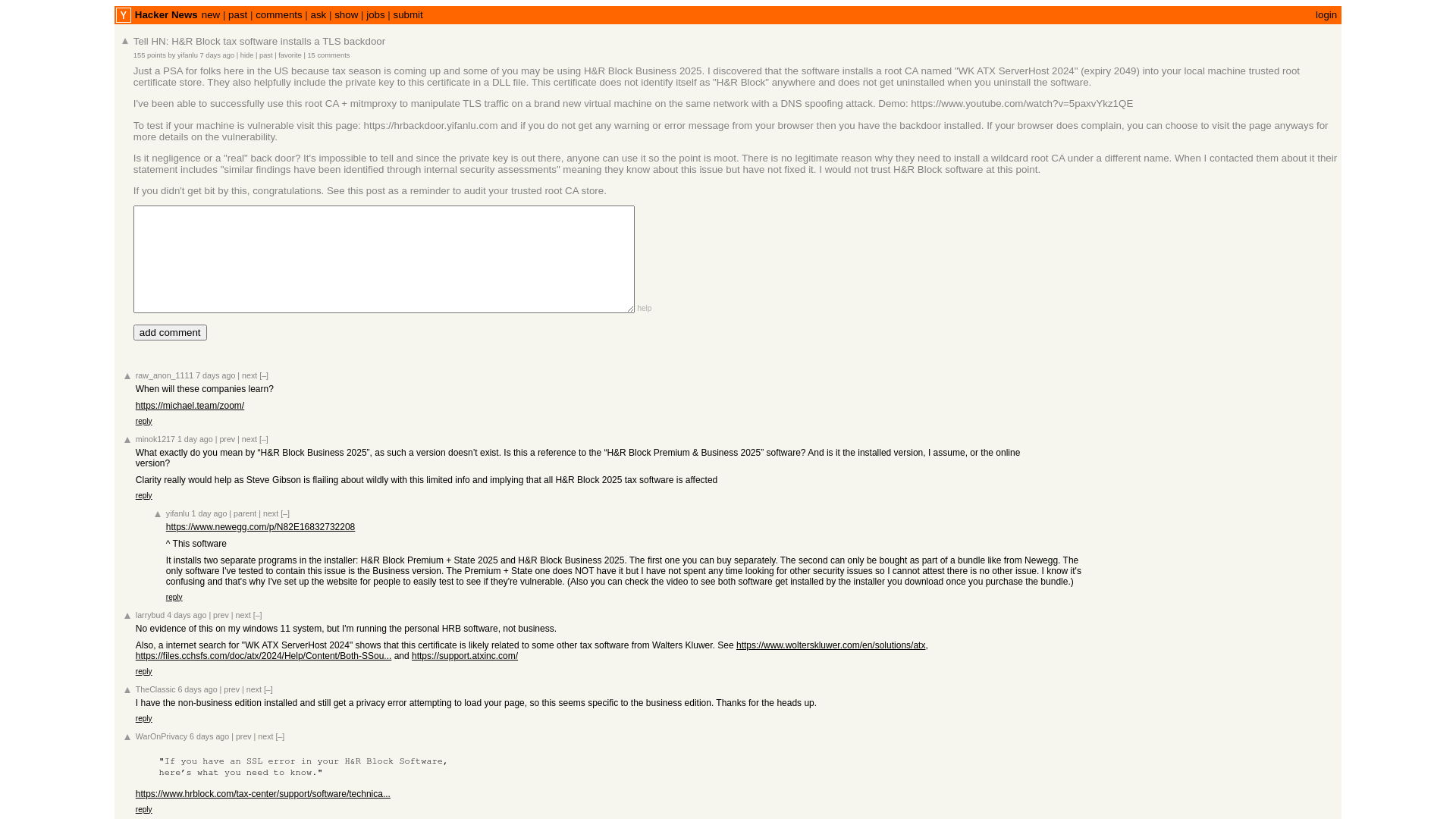 Tell HN: H&R Block tax software installs a TLS backdoor | Hacker News