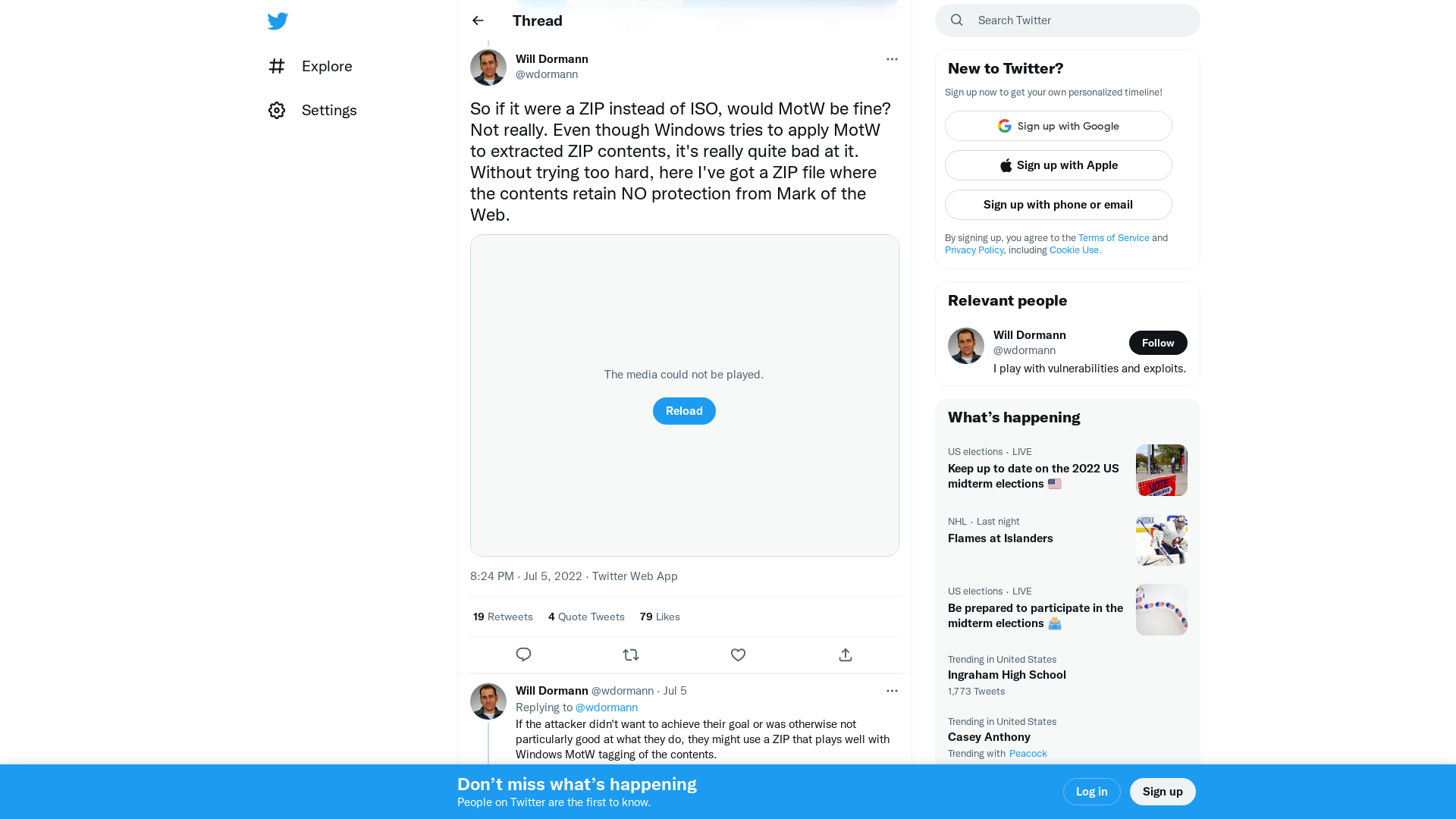 Will Dormann on Twitter: "So if it were a ZIP instead of ISO, would MotW be fine? Not really. Even though Windows tries to apply MotW to extracted ZIP contents, it's really quite bad at it. Without trying too hard, here I've got a ZIP file where the contents retain NO protection from Mark of the Web. https://t.co/1SOuzfca5q" / Twitter