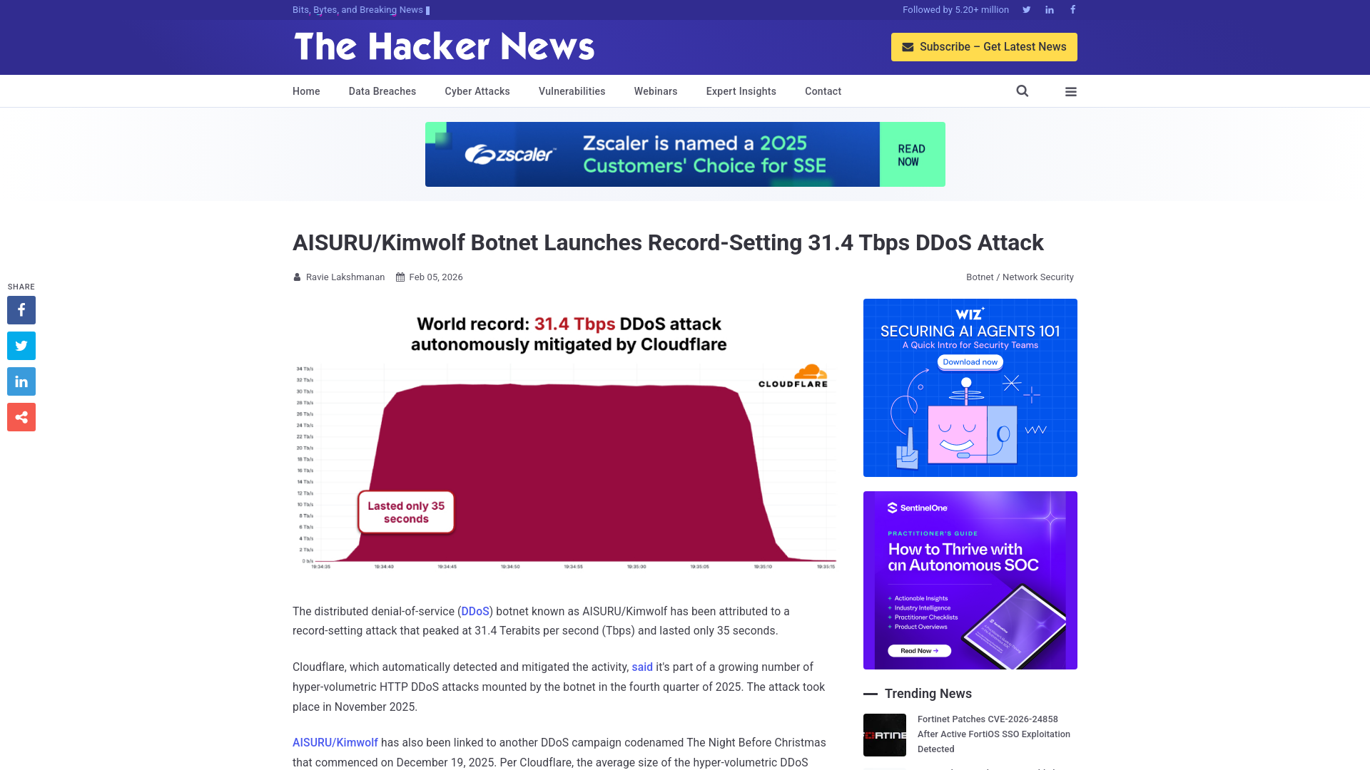 AISURU/Kimwolf Botnet Launches Record-Setting 31.4 Tbps DDoS Attack
