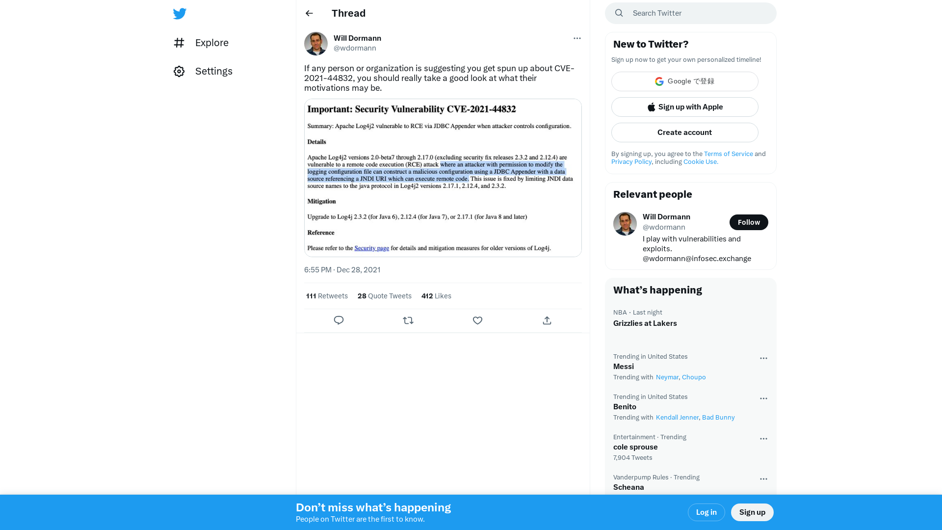Will Dormann on Twitter: "If any person or organization is suggesting you get spun up about CVE-2021-44832, you should really take a good look at what their motivations may be. https://t.co/RgkvCu3sv2" / Twitter