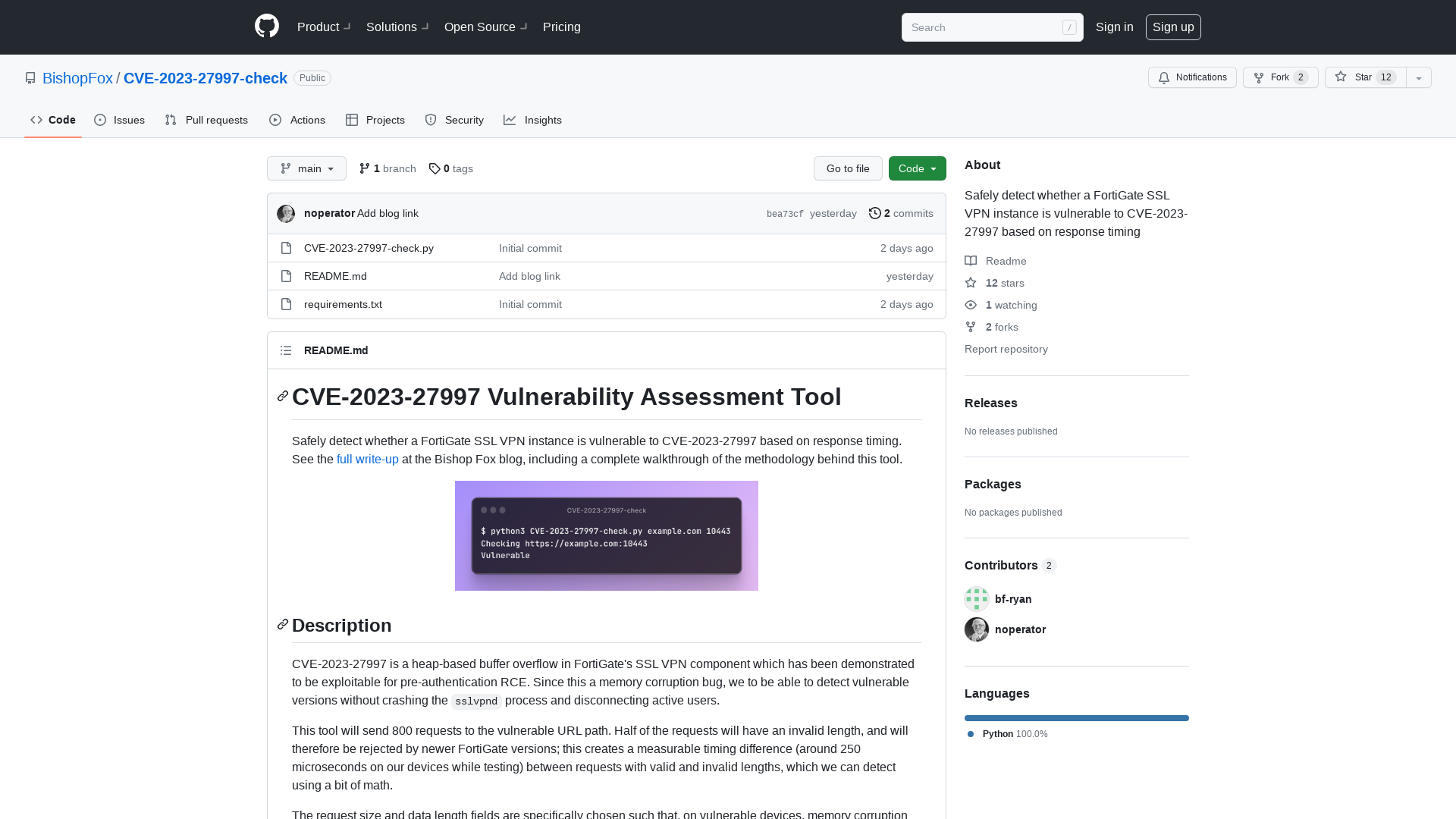 GitHub - BishopFox/CVE-2023-27997-check: Safely detect whether a FortiGate SSL VPN instance is vulnerable to CVE-2023-27997 based on response timing