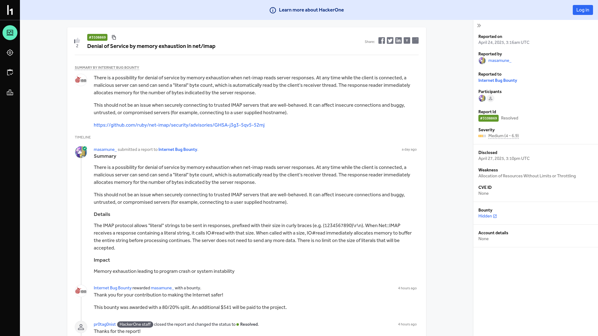 Internet Bug Bounty | Report #3108869 - Denial of Service by memory exhaustion in net/imap | HackerOne