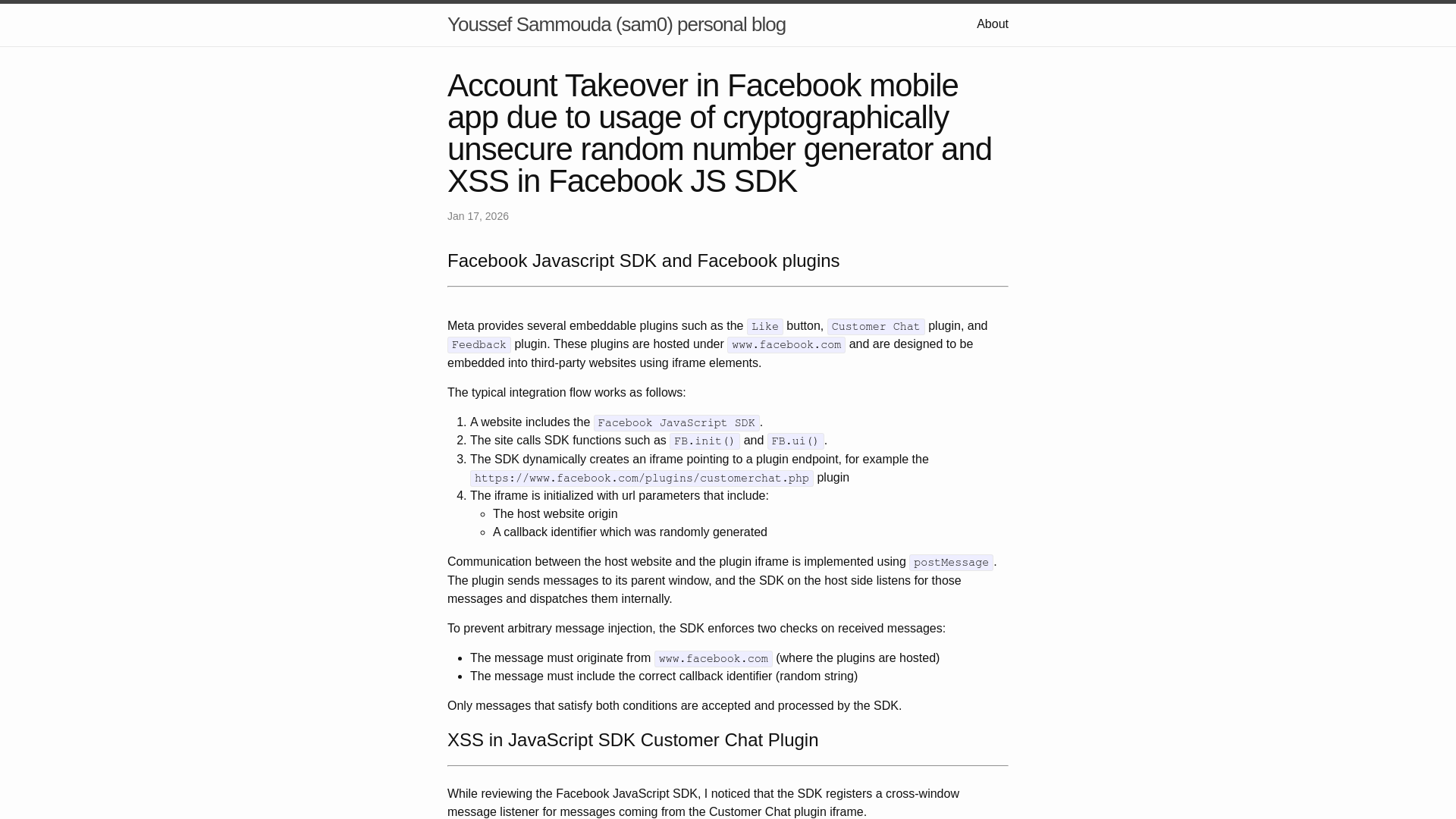 Account Takeover in Facebook mobile app due to usage of cryptographically unsecure random number generator and XSS in Facebook JS SDK | Youssef Sammouda (sam0) personal blog