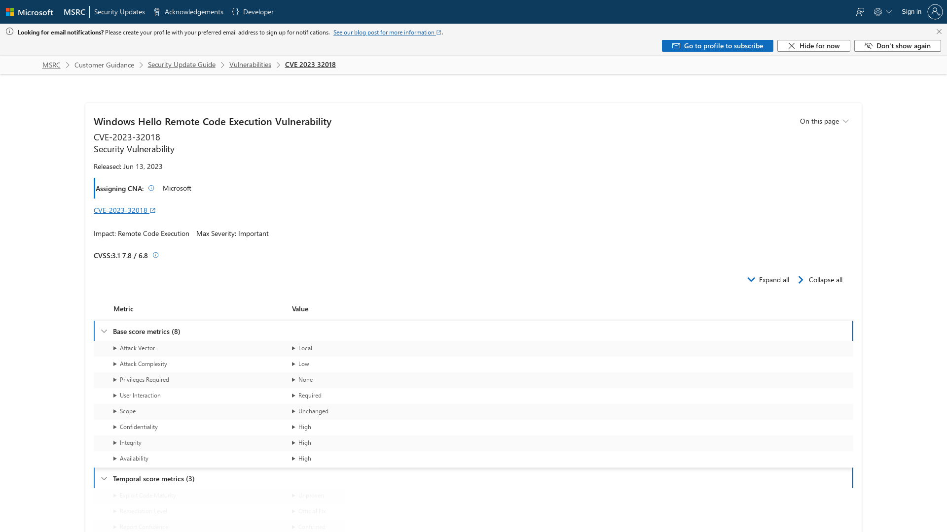 CVE-2023-32018 - Security Update Guide - Microsoft - Windows Hello Remote Code Execution Vulnerability