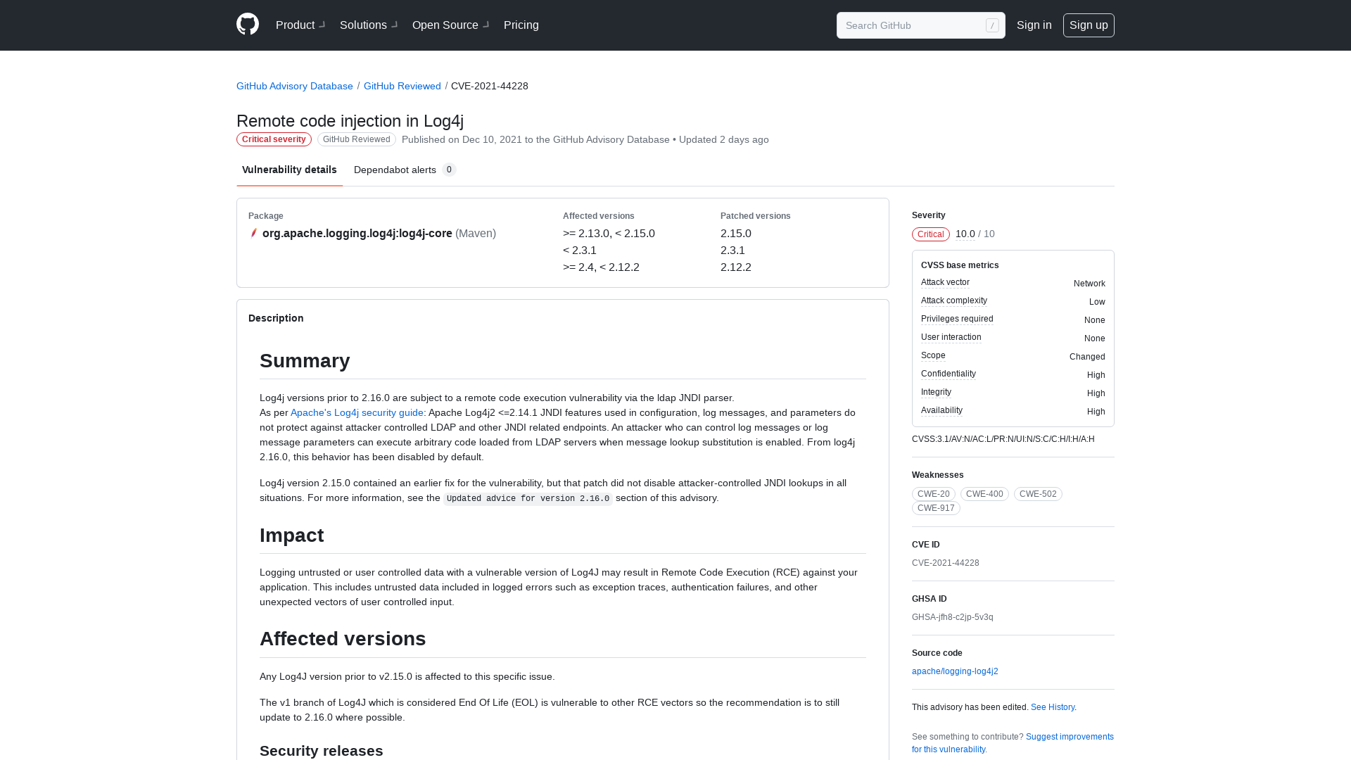 Remote code injection in Log4j · CVE-2021-44228 · GitHub Advisory Database · GitHub