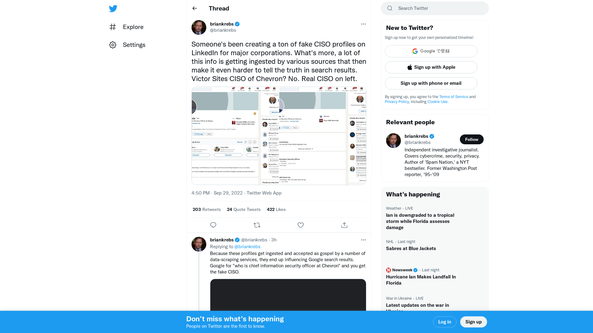 briankrebs on Twitter: "Someone's been creating a ton of fake CISO profiles on LinkedIn for major corporations. What's more, a lot of this info is getting ingested by various sources that then make it even harder to tell the truth in search results. Victor Sites CISO of Chevron? No. Real CISO on left. https://t.co/baORcFLSmd" / Twitter