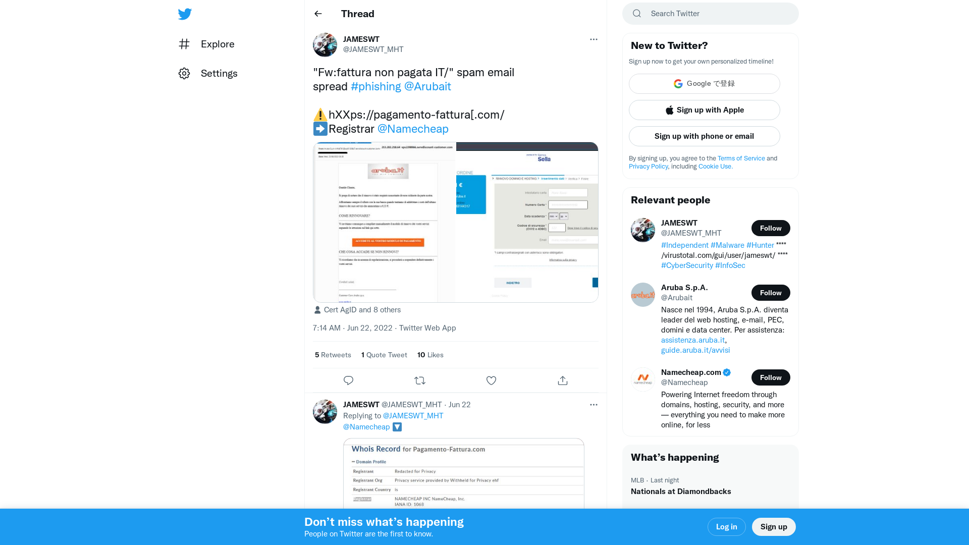 JAMESWT on Twitter: ""Fw:fattura non pagata IT/" spam email spread #phishing @Arubait ⚠️hXXps://pagamento-fattura[.com/ ➡️Registrar @Namecheap https://t.co/qsKk3G5alK" / Twitter