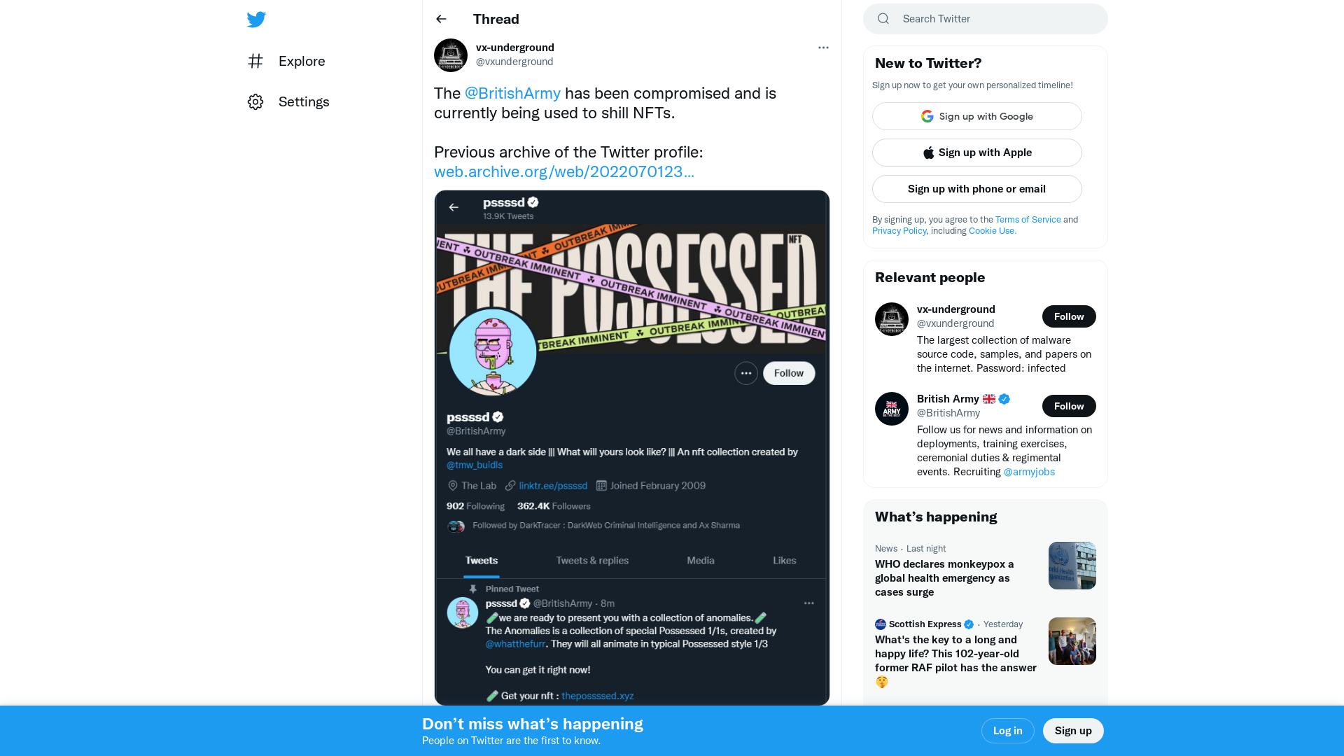vx-underground on Twitter: "The @BritishArmy has been compromised and is currently being used to shill NFTs. Previous archive of the Twitter profile: https://t.co/dQmlxlY5l8 https://t.co/gifpsOy000" / Twitter