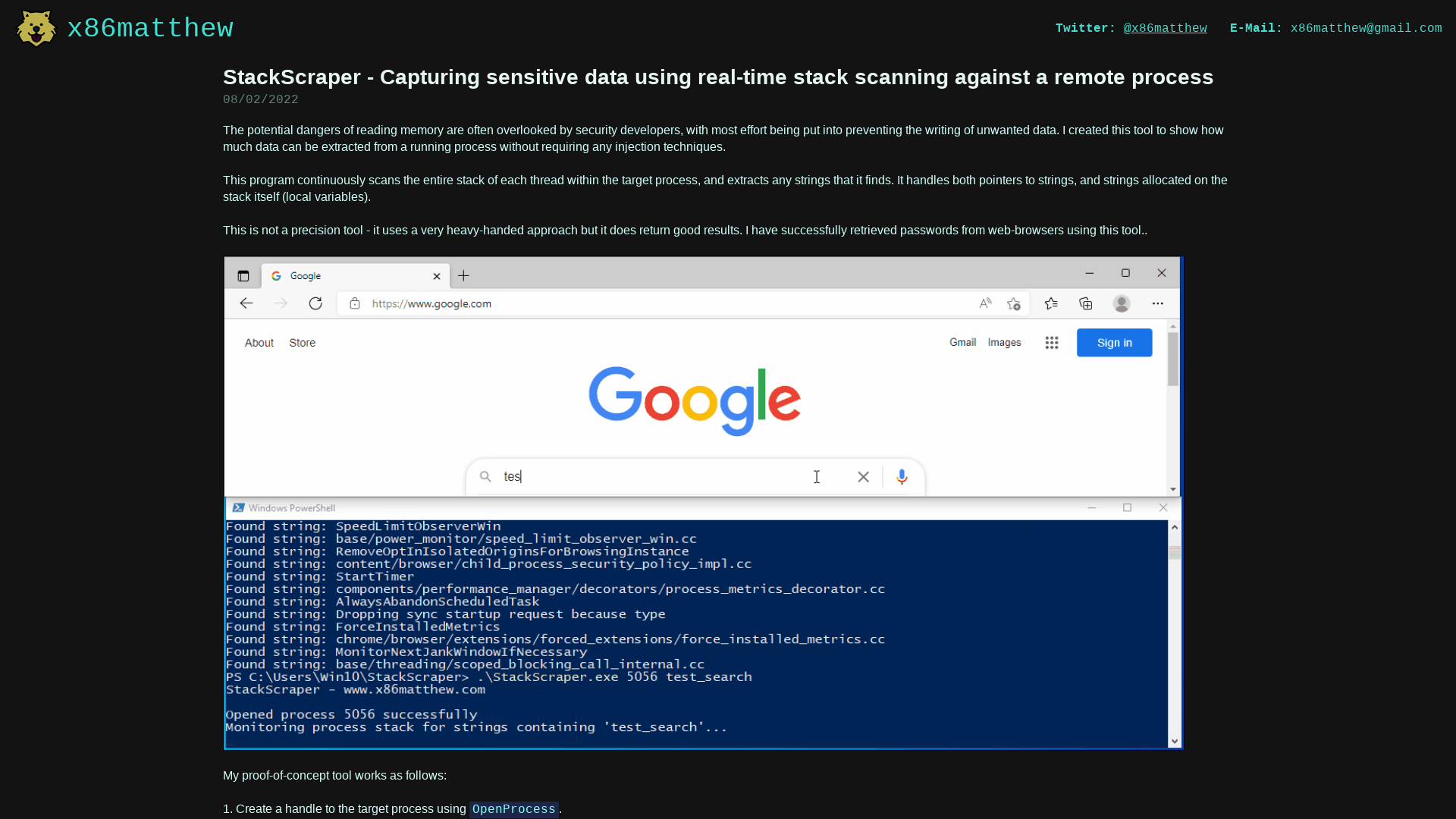 x86matthew - StackScraper - Capturing sensitive data using real-time stack scanning against a remote process