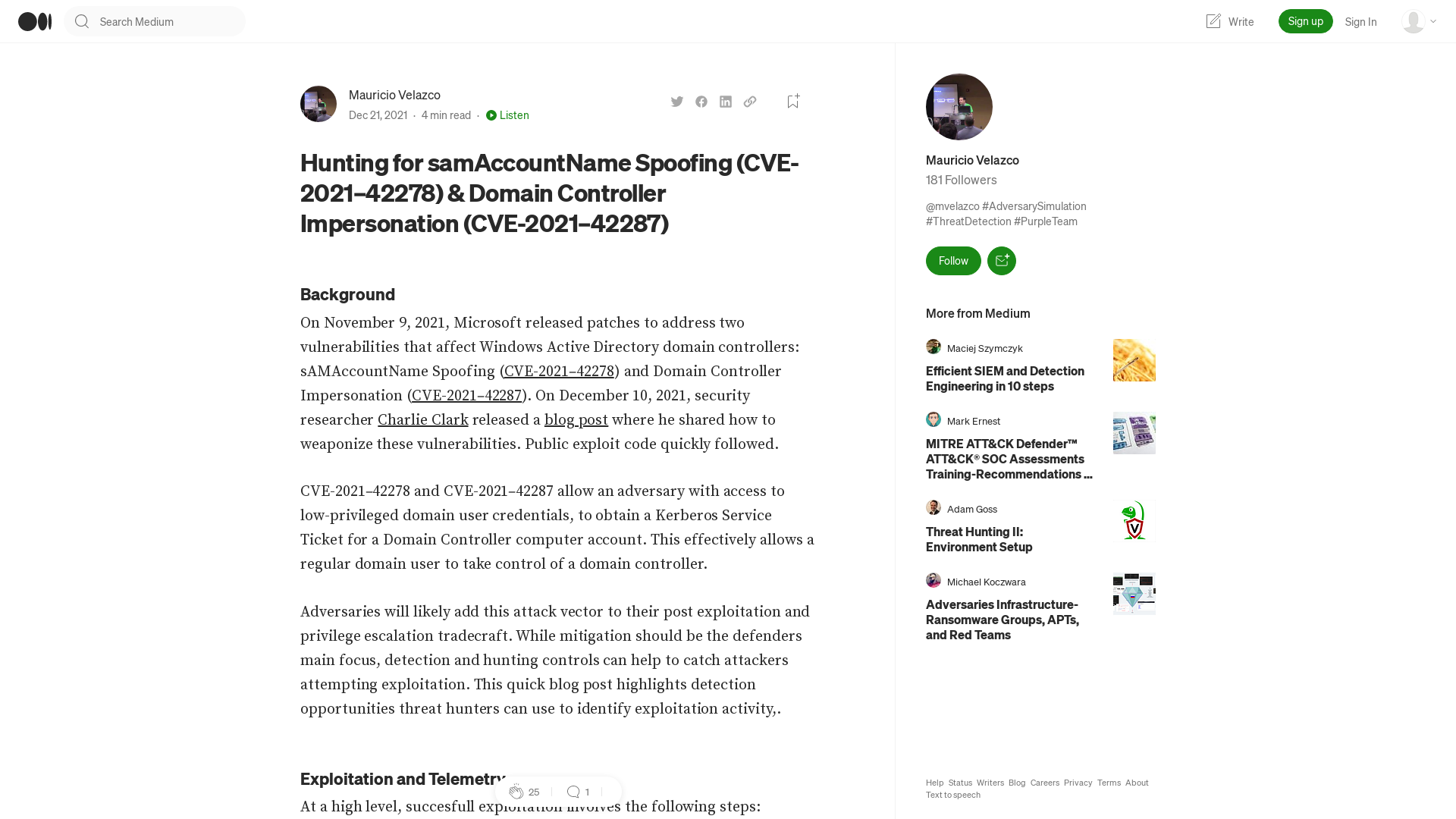 Hunting for samAccountName Spoofing (CVE-2021–42278) & Domain Controller Impersonation (CVE-2021–42287) | by Mauricio Velazco | Medium