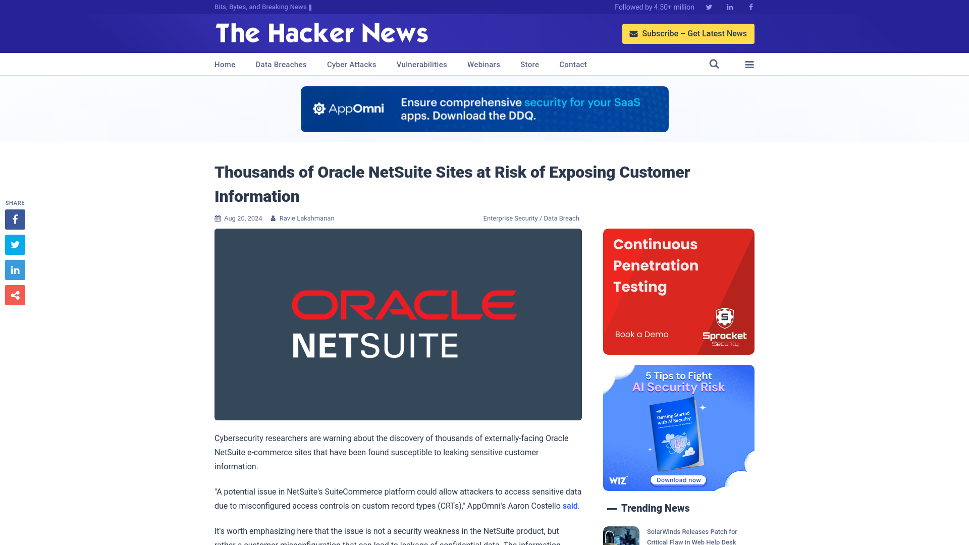 Thousands of Oracle NetSuite Sites at Risk of Exposing Customer Information