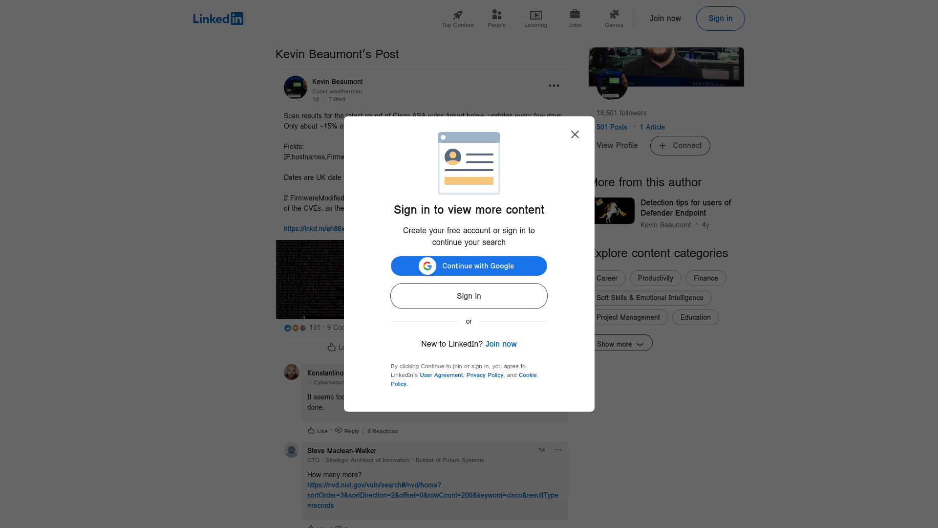 Scan results for the latest round of Cisco ASA vulns linked below, updates every few days. Only about ~15% of orgs patched, most are years… | Kevin Beaumont