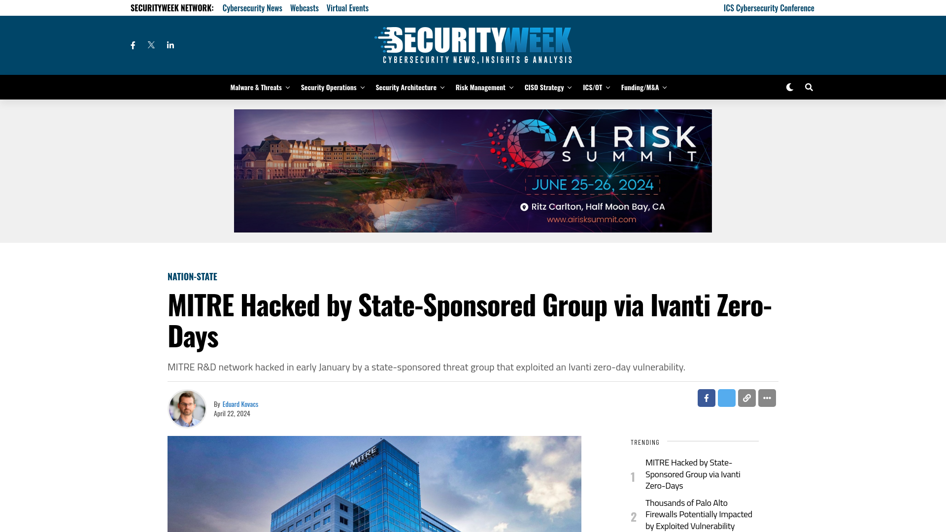 MITRE Hacked by State-Sponsored Group via Ivanti Zero-Days - SecurityWeek