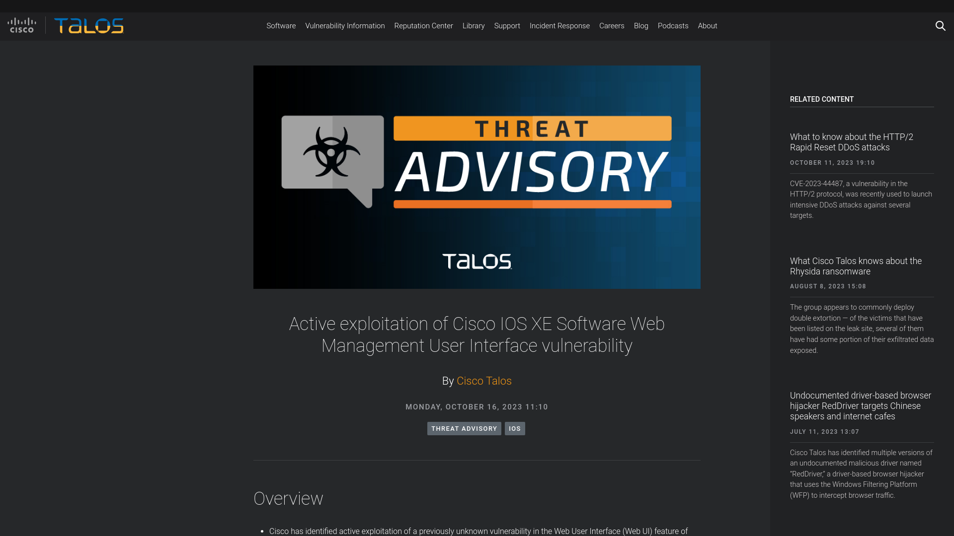 Active exploitation of Cisco IOS XE Software Web Management User Interface vulnerability