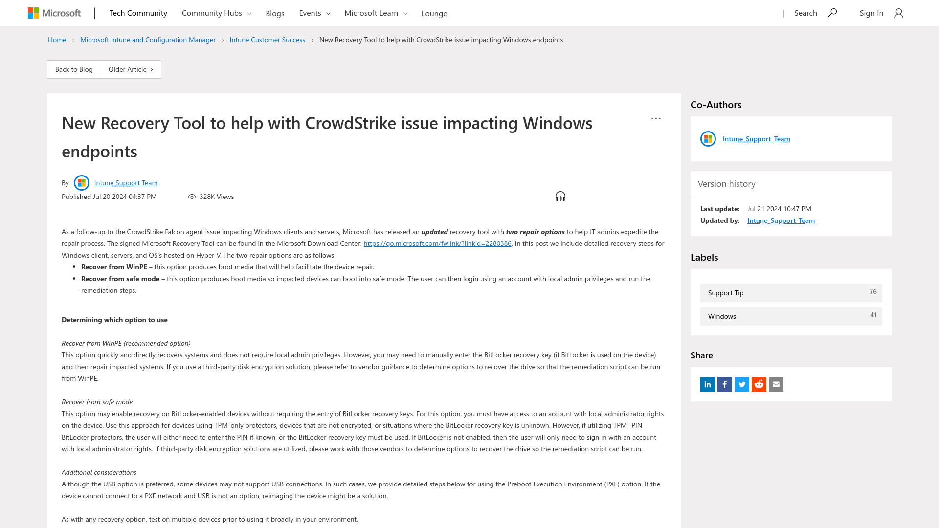 New Recovery Tool to help with CrowdStrike issue impacting Windows endpoints - Microsoft Community Hub