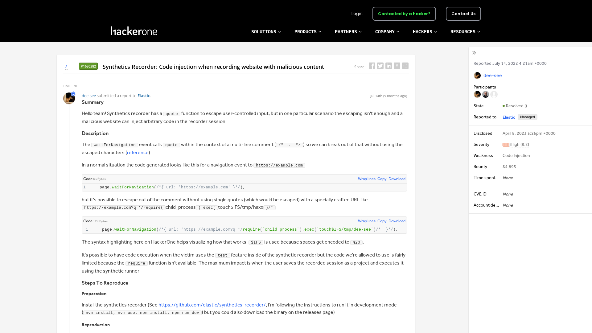 #1636382 Synthetics Recorder: Code injection when recording website with malicious content