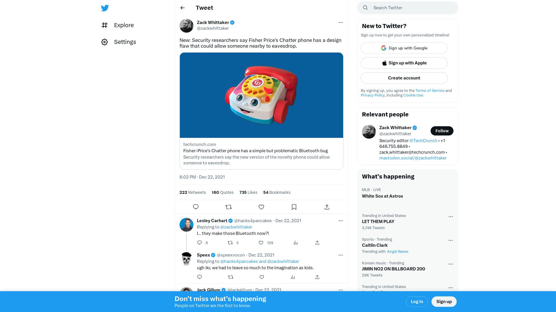 Zack Whittaker on Twitter: "New: Security researchers say Fisher Price's Chatter phone has a design flaw that could allow someone nearby to eavesdrop. https://t.co/mBrzQ8Npuv" / Twitter