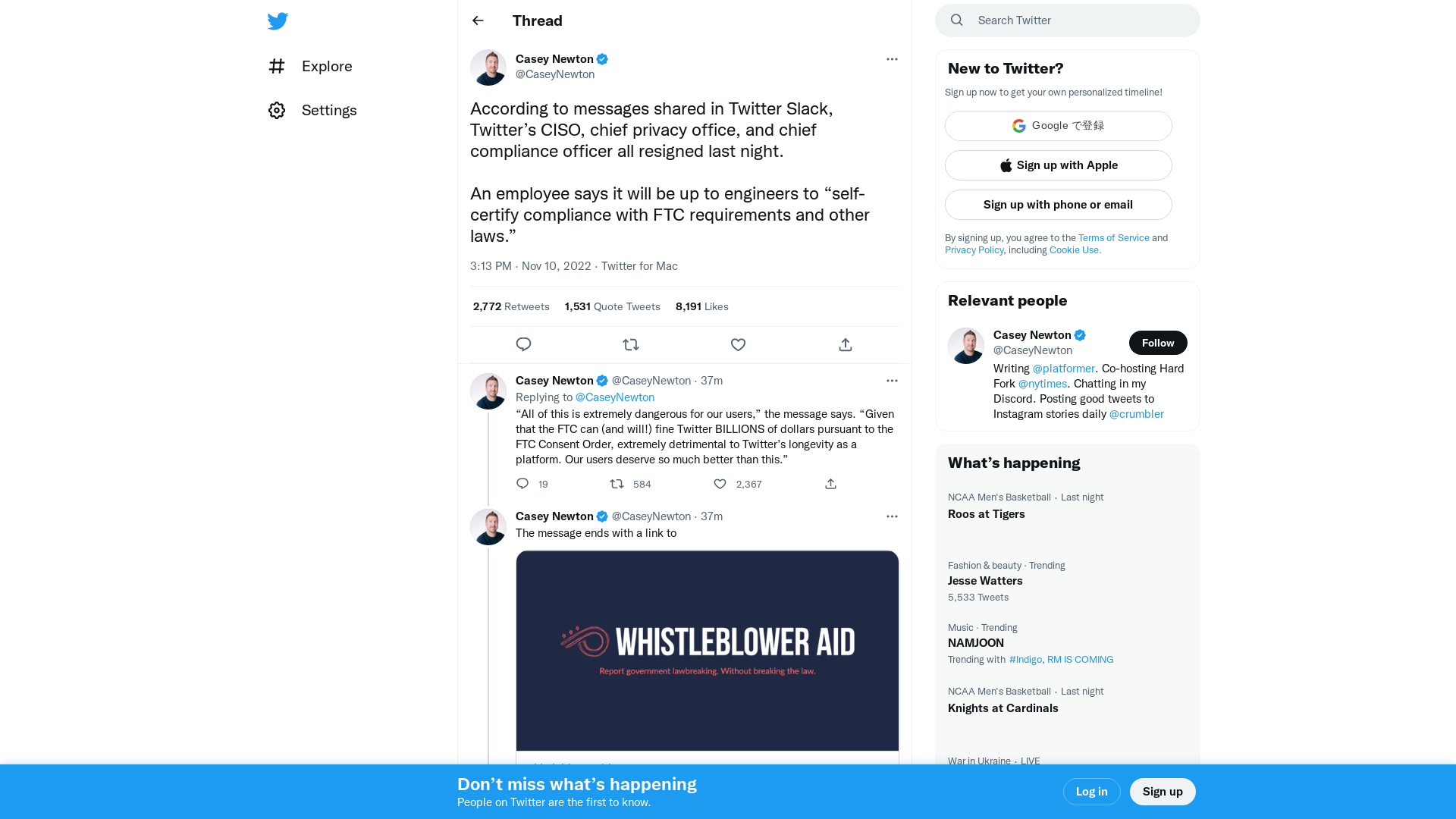 Casey Newton on Twitter: "According to messages shared in Twitter Slack, Twitter’s CISO, chief privacy office, and chief compliance officer all resigned last night. An employee says it will be up to engineers to “self-certify compliance with FTC requirements and other laws.”" / Twitter