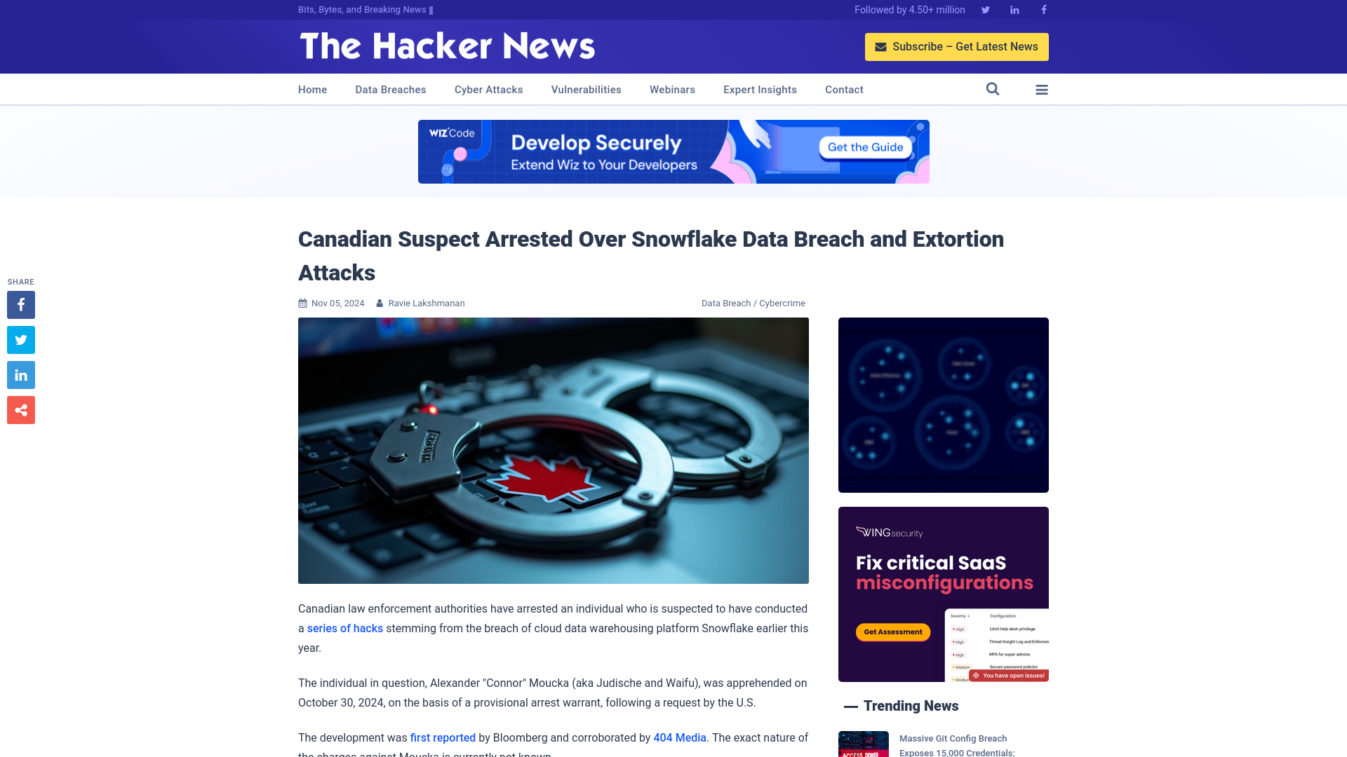 Canadian Suspect Arrested Over Snowflake Data Breach and Extortion Attacks