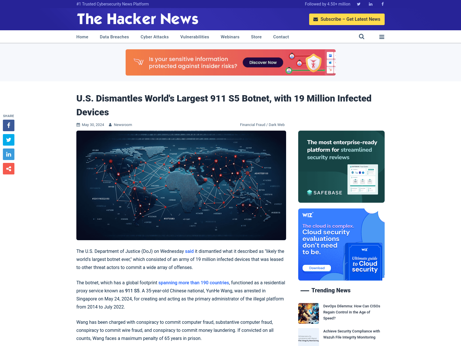 U.S. Dismantles World's Largest 911 S5 Botnet, with 19 Million Infected Devices