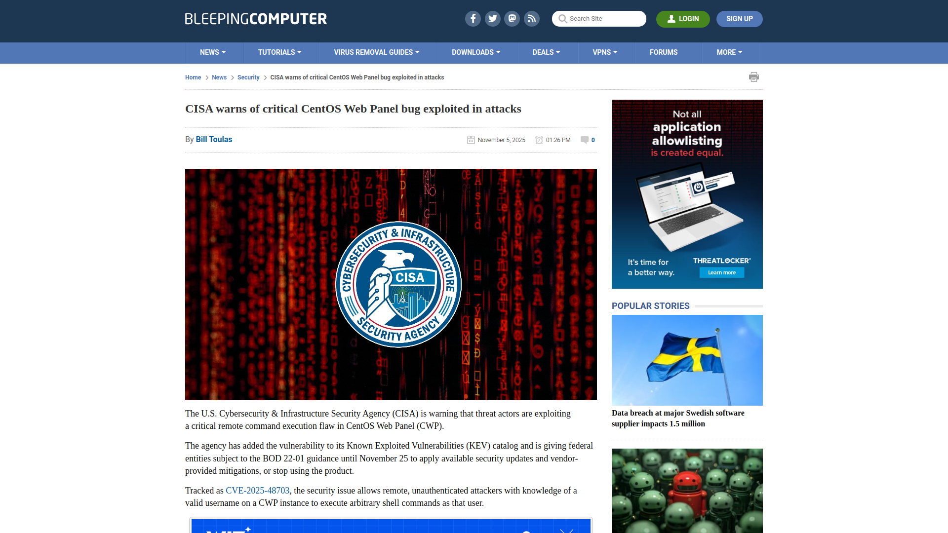 CISA warns of critical CentOS Web Panel bug exploited in attacks