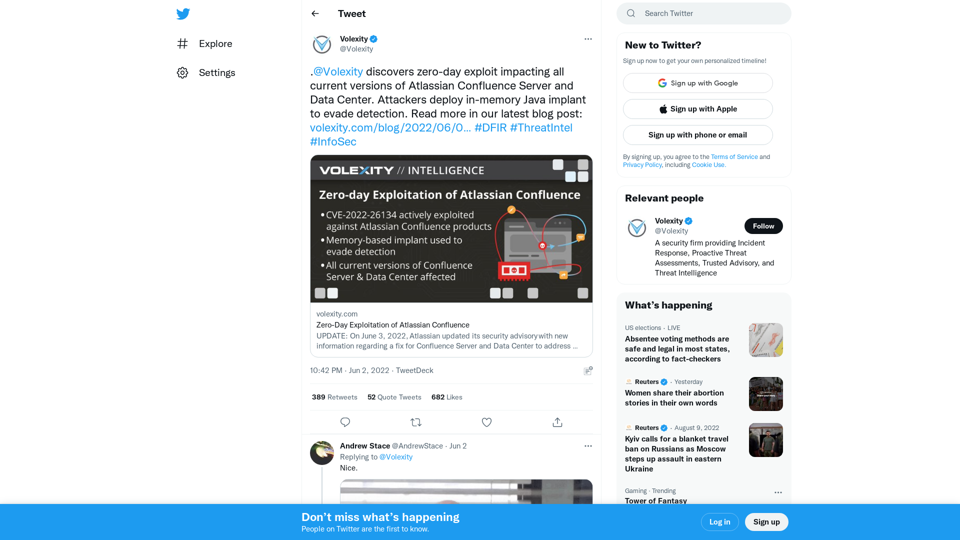 Volexity on Twitter: ".@Volexity discovers zero-day exploit impacting all current versions of Atlassian Confluence Server and Data Center. Attackers deploy in-memory Java implant to evade detection. Read more in our latest blog post: https://t.co/aCSwnSUfj8 #DFIR #ThreatIntel #InfoSec" / Twitter