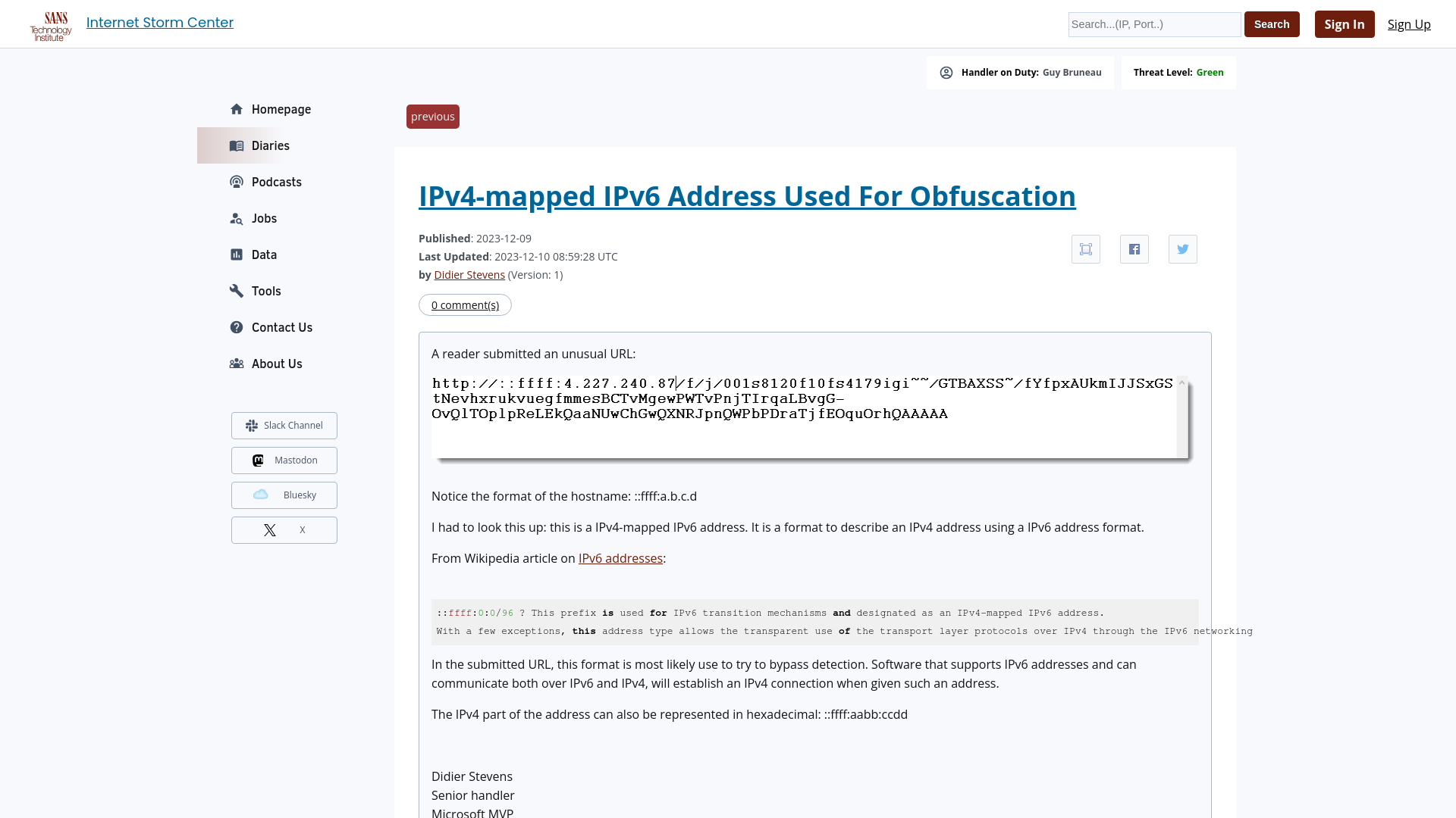 IPv4-mapped IPv6 Address Used For Obfuscation - SANS Internet Storm Center