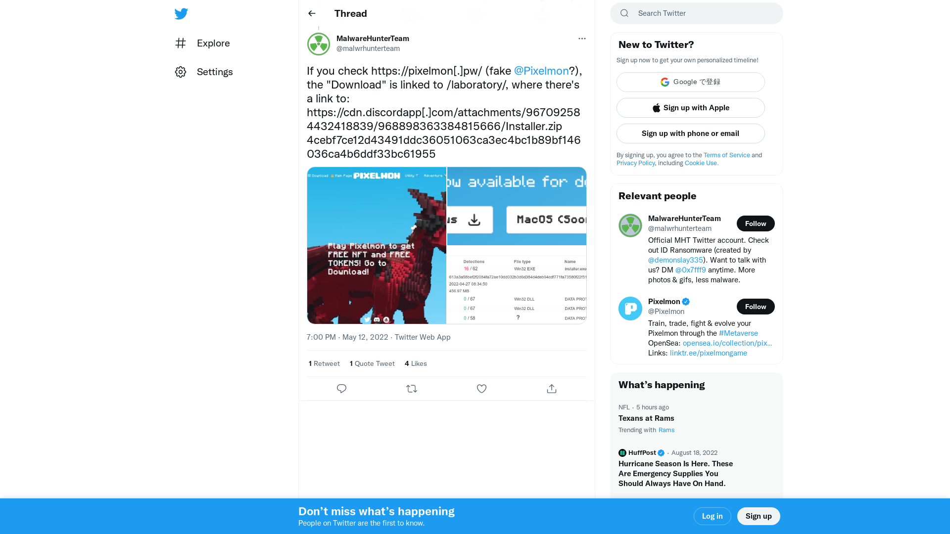 MalwareHunterTeam on Twitter: "If you check https://pixelmon[.]pw/ (fake @Pixelmon?), the "Download" is linked to /laboratory/, where there's a link to: https://cdn.discordapp[.]com/attachments/967092584432418839/968898363384815666/Installer.zip 4cebf7ce12d43491ddc36051063ca3ec4bc1b89bf146036ca4b6ddf33bc61955 https://t.co/AsPwjqiML9" / Twitter