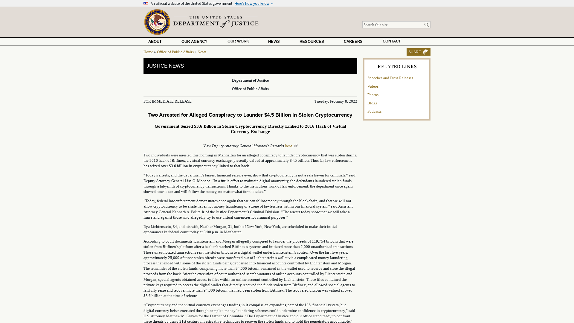 Two Arrested for Alleged Conspiracy to Launder $4.5 Billion in Stolen Cryptocurrency | OPA | Department of Justice