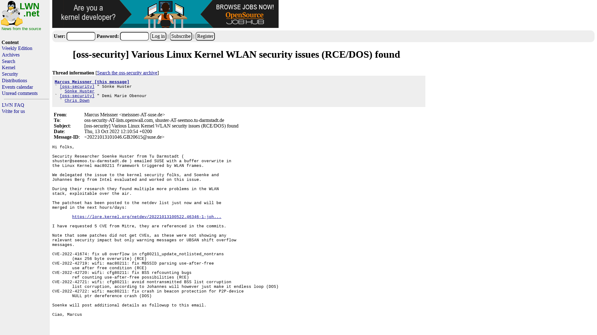 [oss-security] Various Linux Kernel WLAN security issues (RCE/DOS) found [LWN.net]